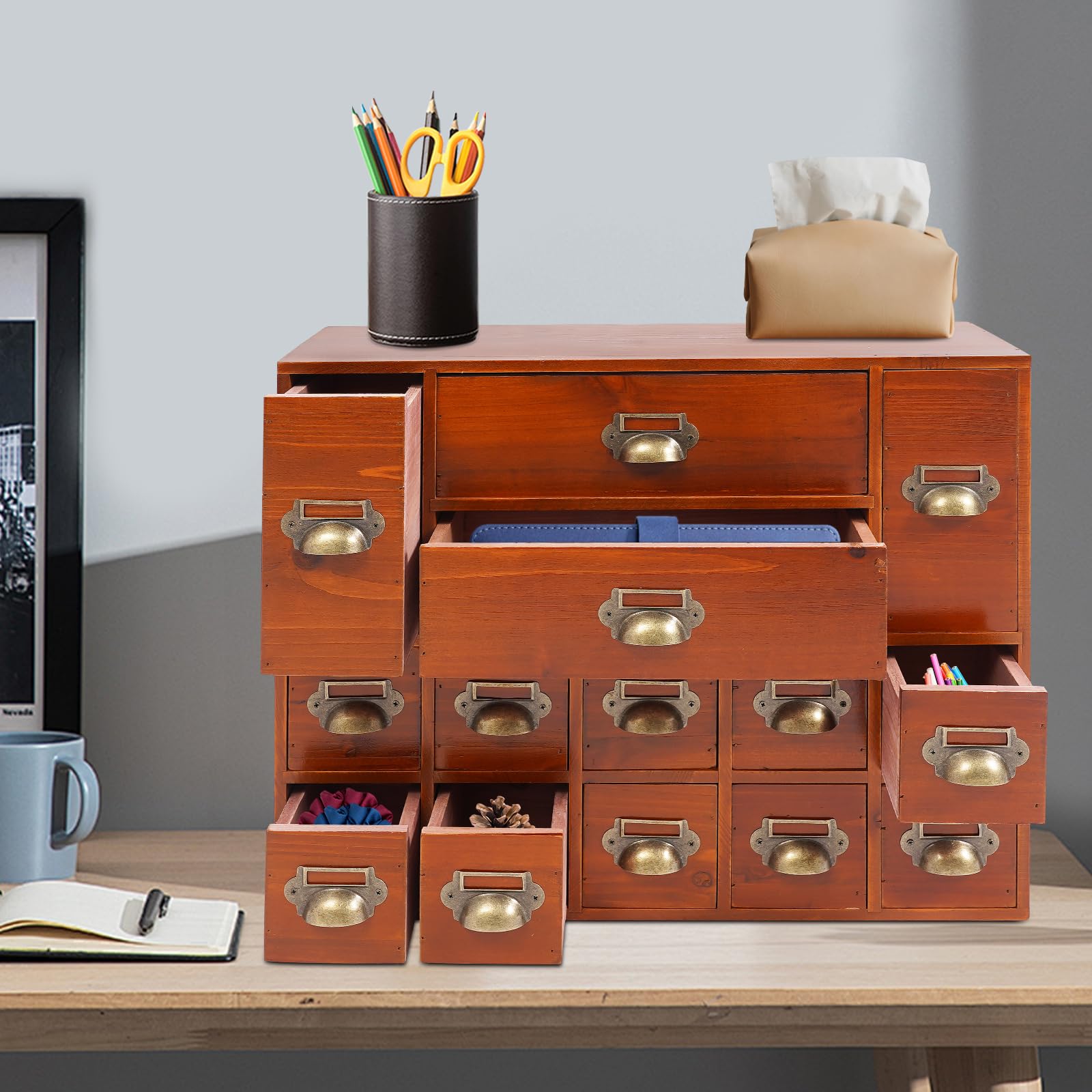 LyeXD 14 Drawers Apothecary Cabinet with Drawers, Wooden Desk Drawer Organizer with 14 Drawers Tabletop Apothecary Chests and Cabinets, Library Card Catalog Cabinet Herb Storage Box (Brown)