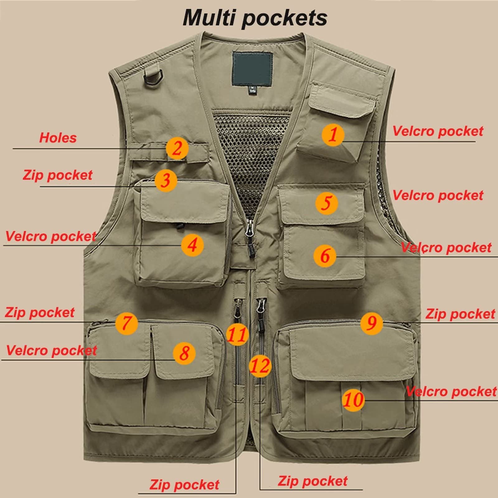 Gilet Hommes en Plein Air Multipoches Pêche Vestes sans Manches Photographie Camping Gilet De Chasse