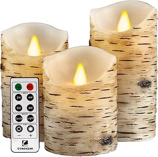 Flameless Candles Birch Bark Candles LED Candles Birch Grain Candles(H: 456" x D: 3.25") Electric Candle Battery Operated Candles Faux Candles with Remote Timer Pack 3