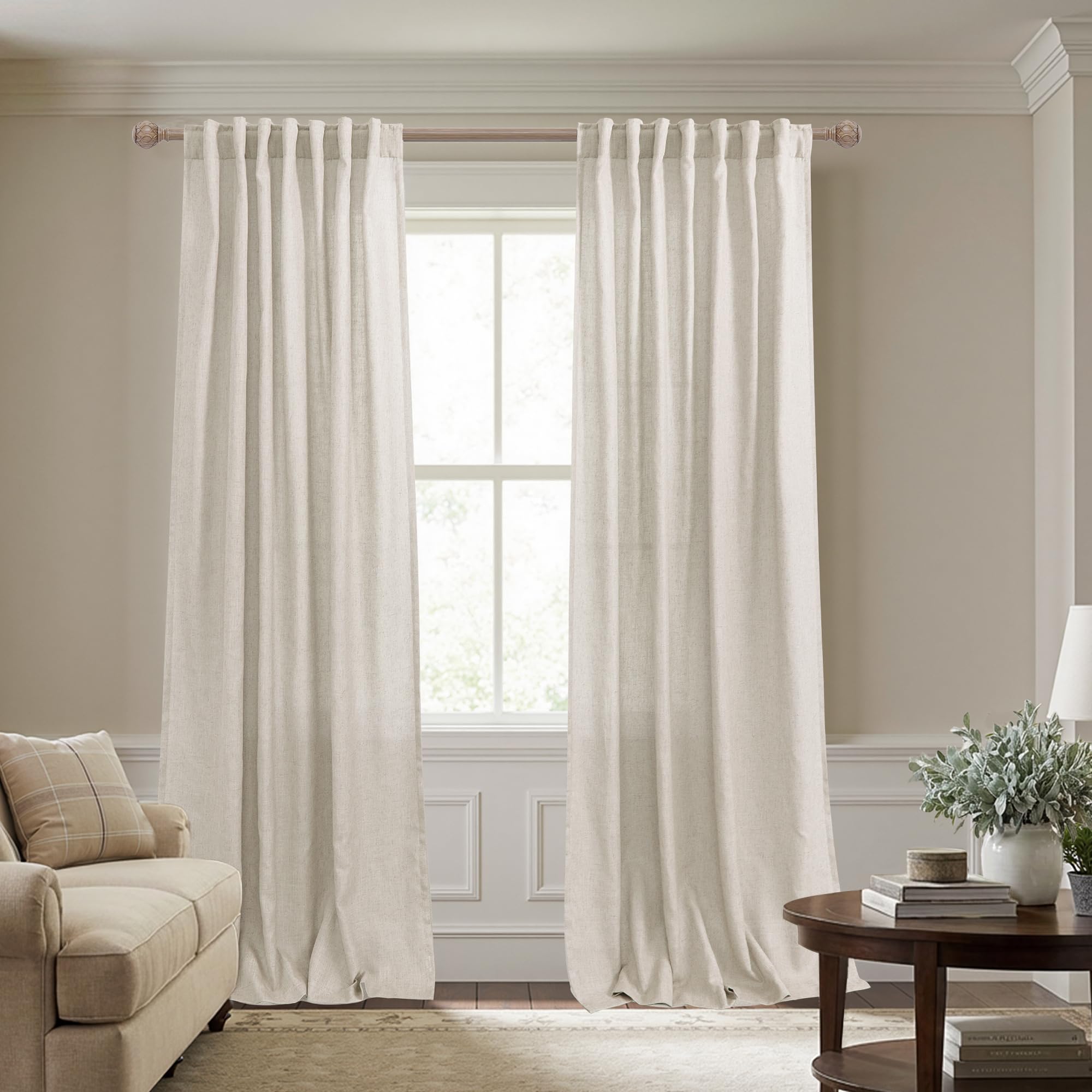 Oatmeal Beige Linen Curtains, Natural Fabric Sheer Greige Rustic Farmhouse Curtain for Living Room, Farm House Primitive Curtains for Bedroom Dining Room, Wide 52 x 84 Inches Long, 2 Panels Set