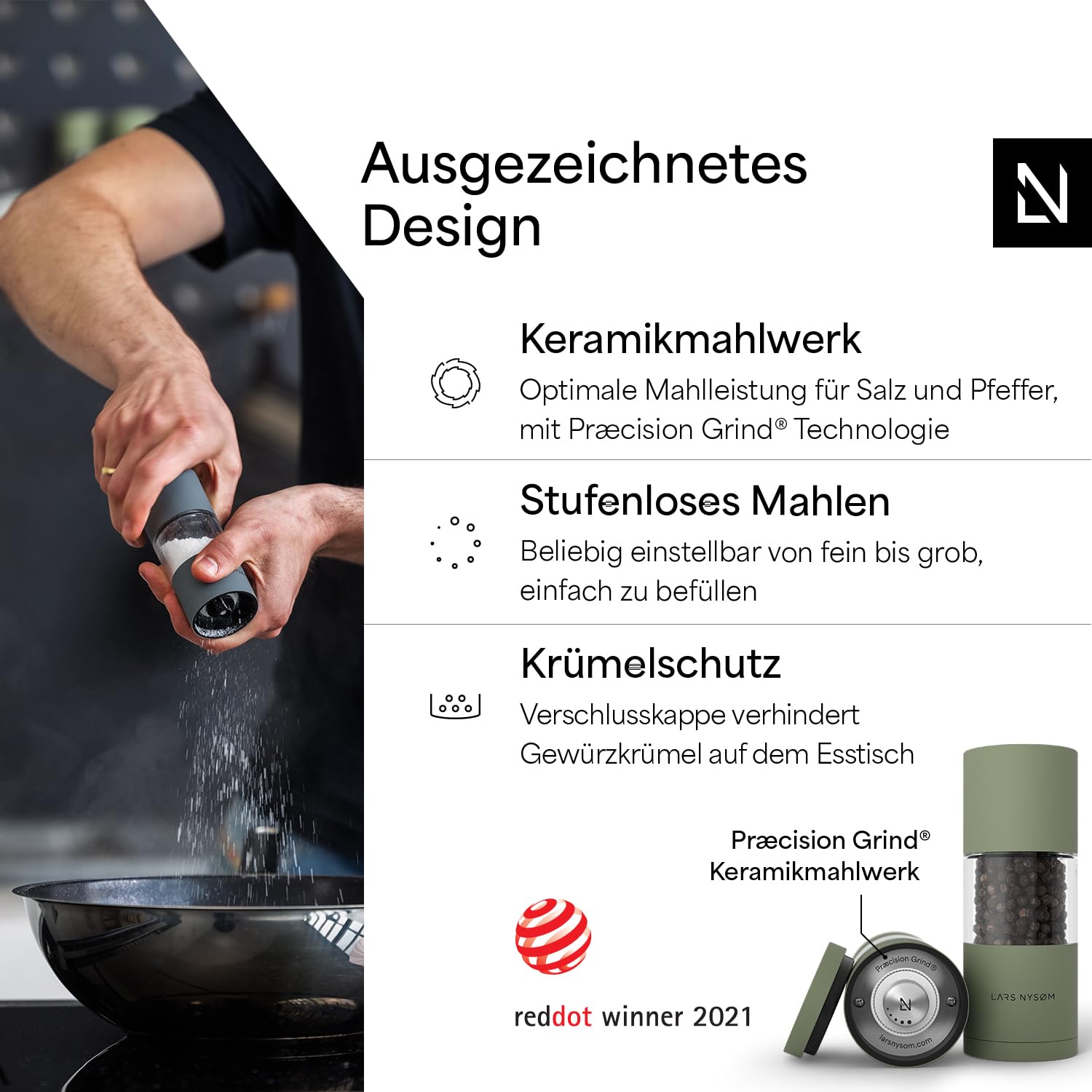 LARS NYSØM Salz und Pfeffermühle Set aus Edelstahl mit einstellbarem Keramikmahlwerk I Pfeffermühle und Salzmühle I Manuelle Gewürzmühlen (2 Stück) (Sage Green)