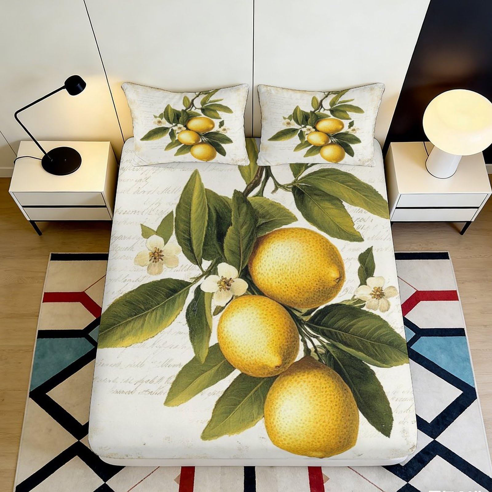 3D Printed Lemon Botanical Fitted Sheet Microfiber Soft Breathable Citrus Fruit Bed Cover for Bedroom Guest Room Decor 90x200x25cm