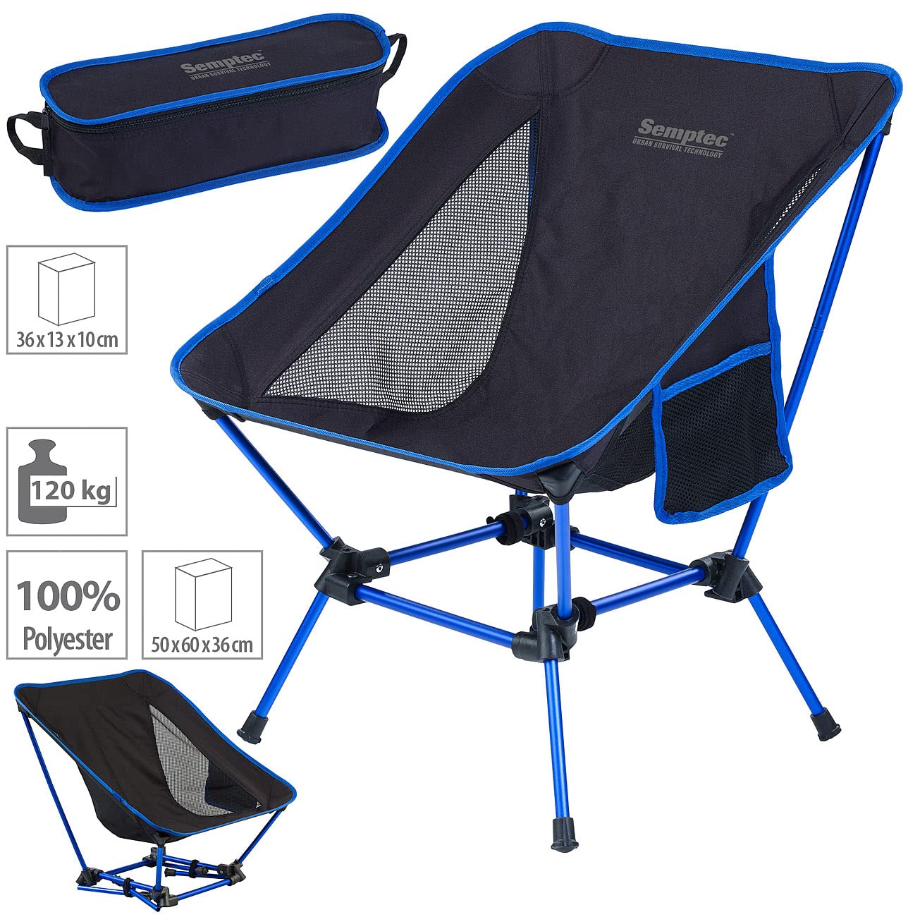 Semptec Urban Survival Technology Strandstuhl: Klappbarer Campingstuhl, 2 Sitzhöhen, Tasche, extra-leicht, bis 120 kg (Anglerstuhl, Gartenstuhl, Angel)