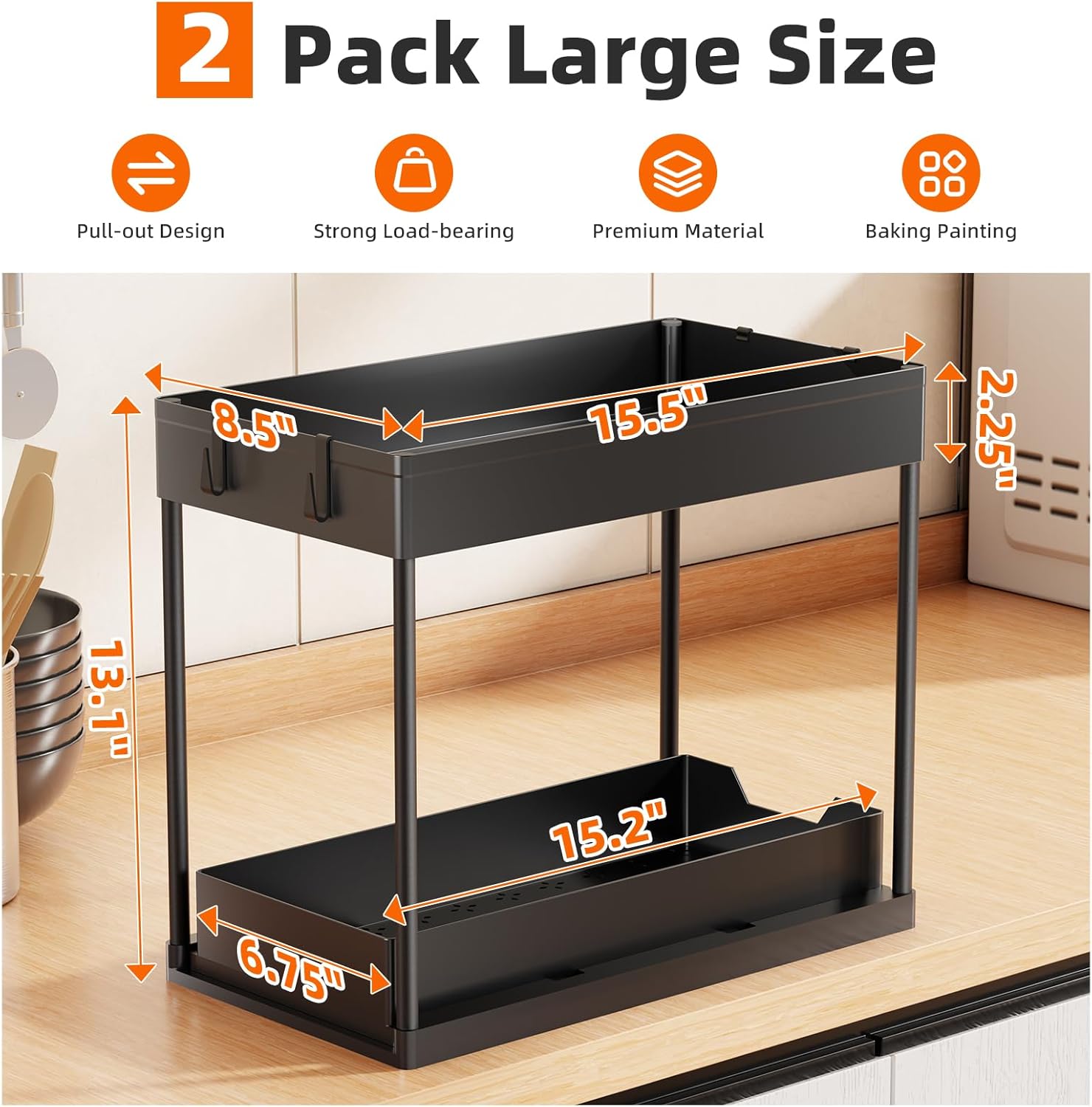 Simple Trending Under Sink Organizer 2 Pack, Sink Pull-Out Sliding Storage Cabinet, 2-Tier Under Shelf Organizer for Kitchen Bathroom, Black - Image 2