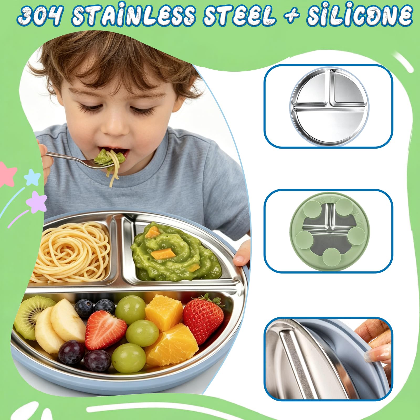 Lot de 2 Coffrets Repas Bébé, 2 Assiettes Acier Inoxydable avec Ventouse Silicone, 2 Fourchettes + 2 Cuillères – Vaisselle Antidérapante Enfant, Sans BPA, Favorise l’Autonomie Alimentaire
