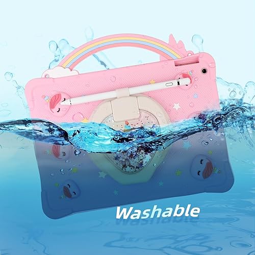 Miniatura 7 de Funda de unicornio con mango de arco iris súper linda compatible con iPad 7 2019 para niños y niñas, con correa de mano y soporte giratorio de 360,