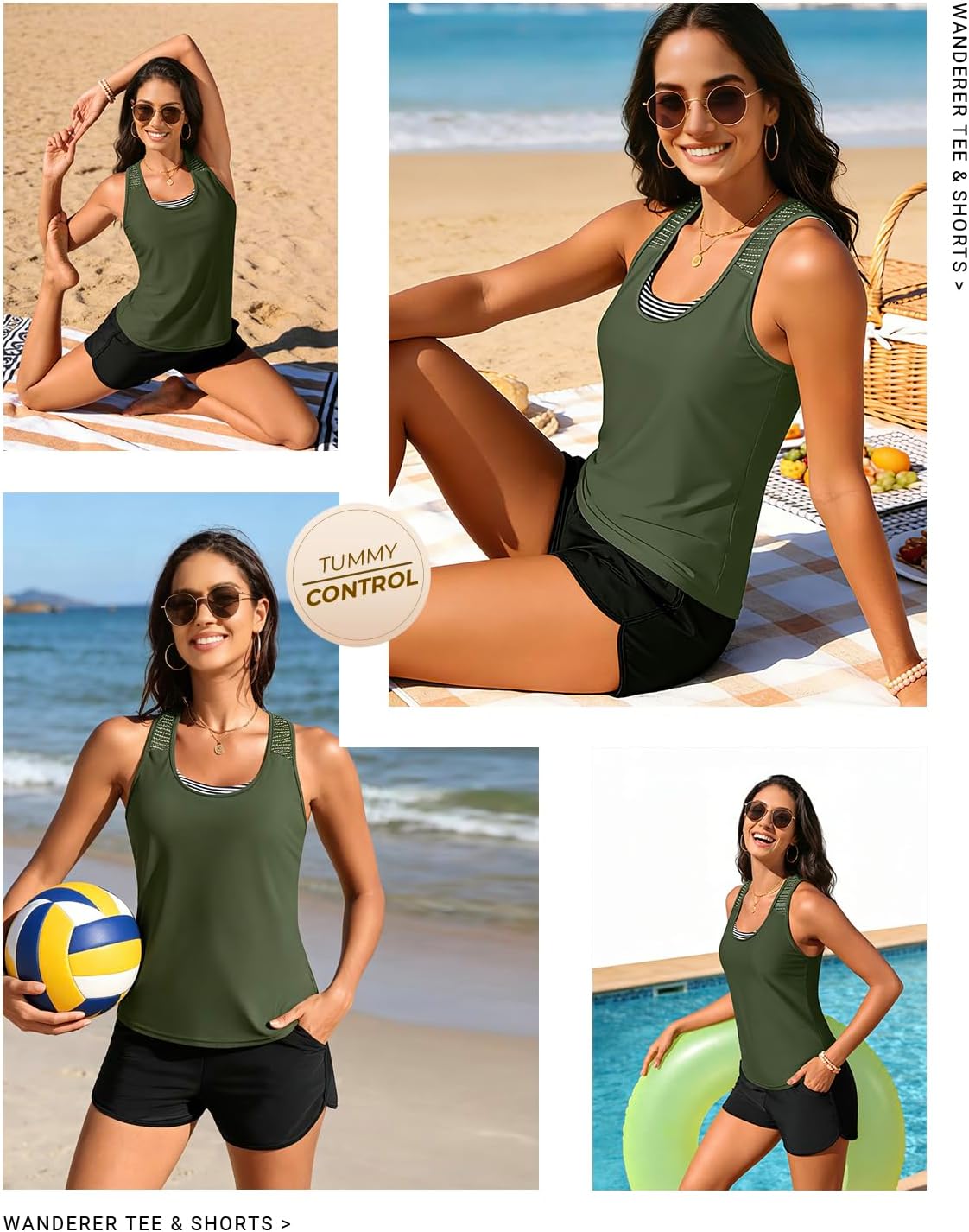 3 Piece Tankini Swimsuit Mesh Tank Top Sports Bra Pocketed Swim Shorts