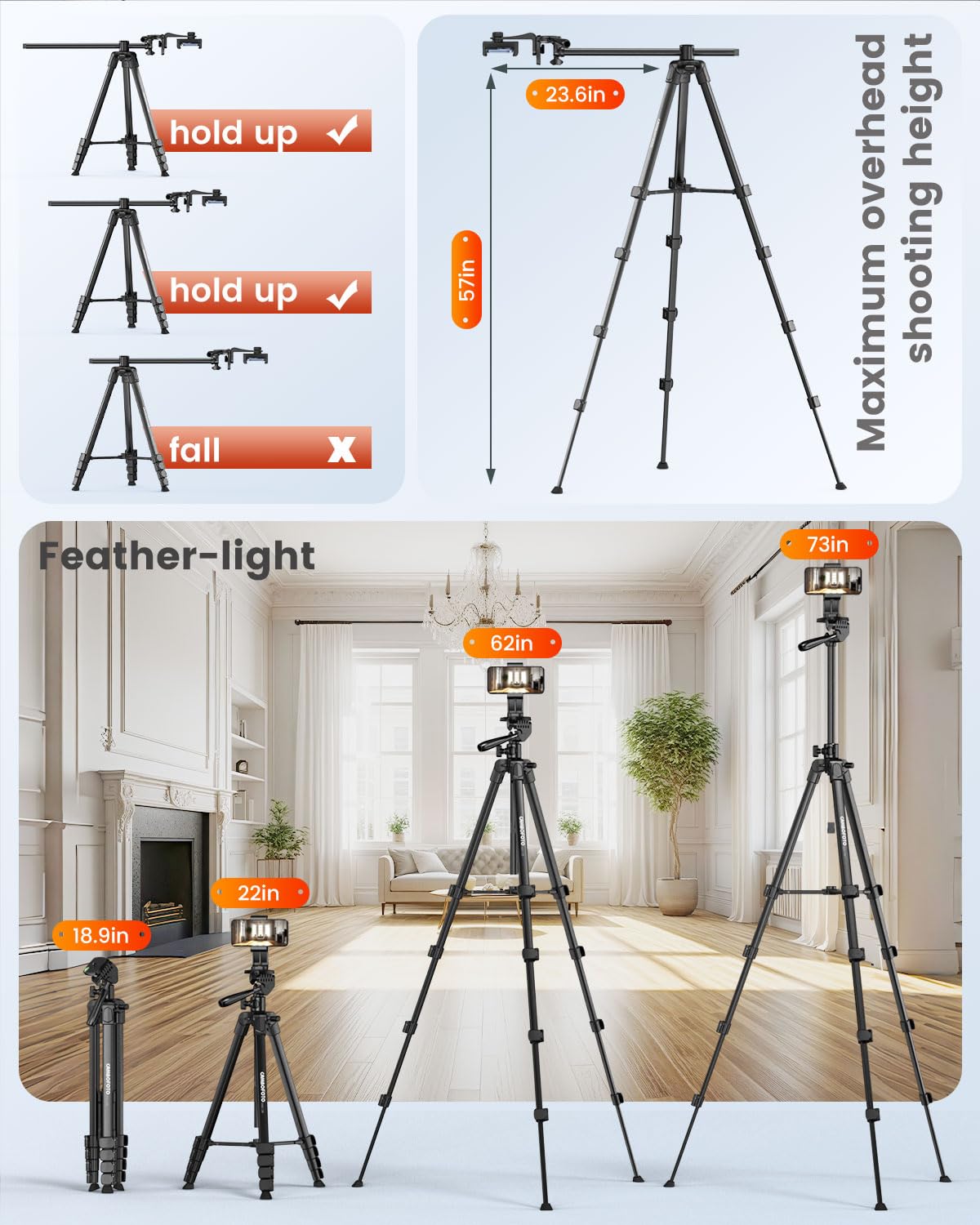 CAMBOFOTO Treppiede orizzontale 185 cm per iPhone/fotocamera, Treppiede overhead per smartphone flessibile, Supporto per telefono per riprese video/Borsa da trasporto