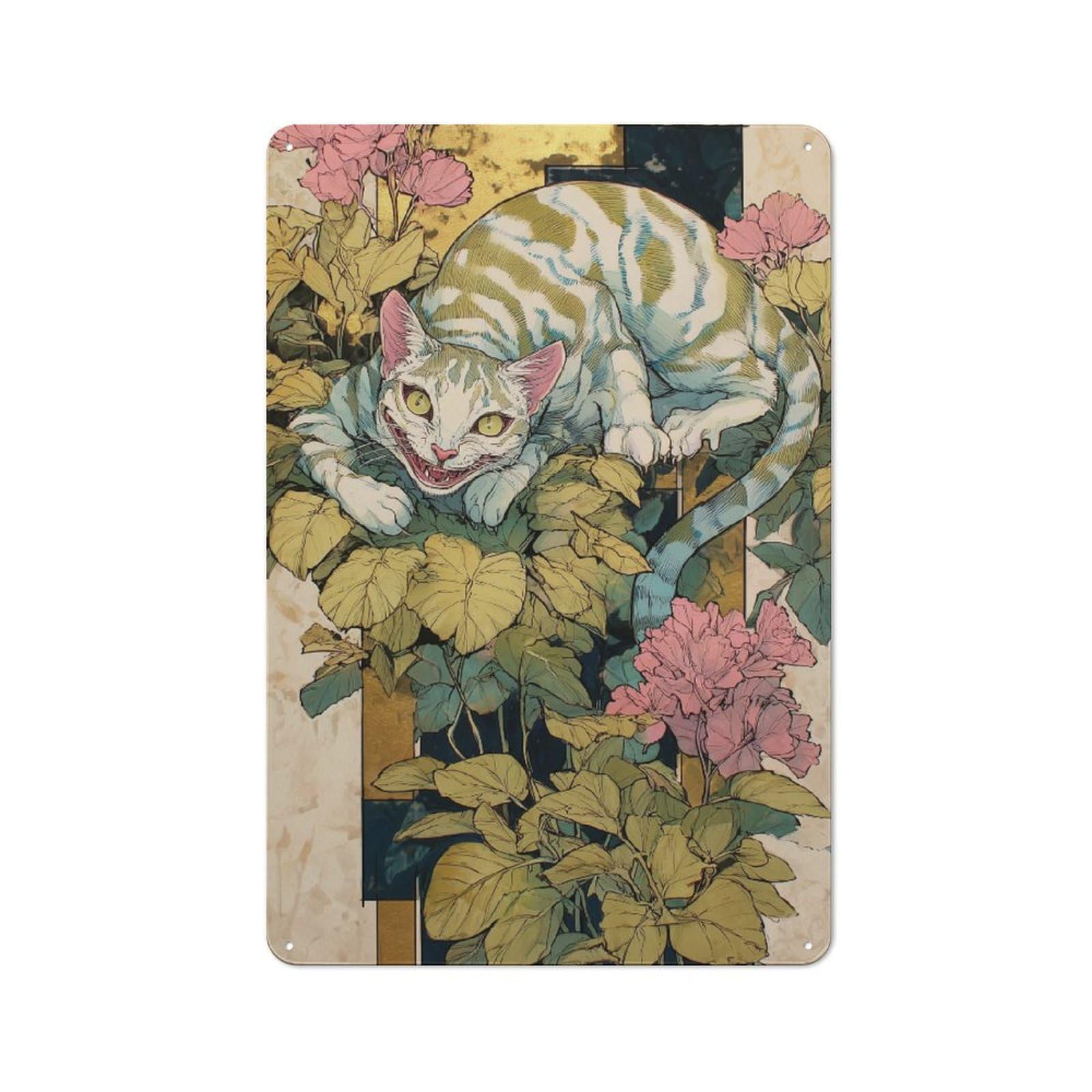Junmoney Whimsical Feline In Bloom Metal Plaque 30X20cm With For Hallway Wall, Retro Decor, For Wall Display Collectors