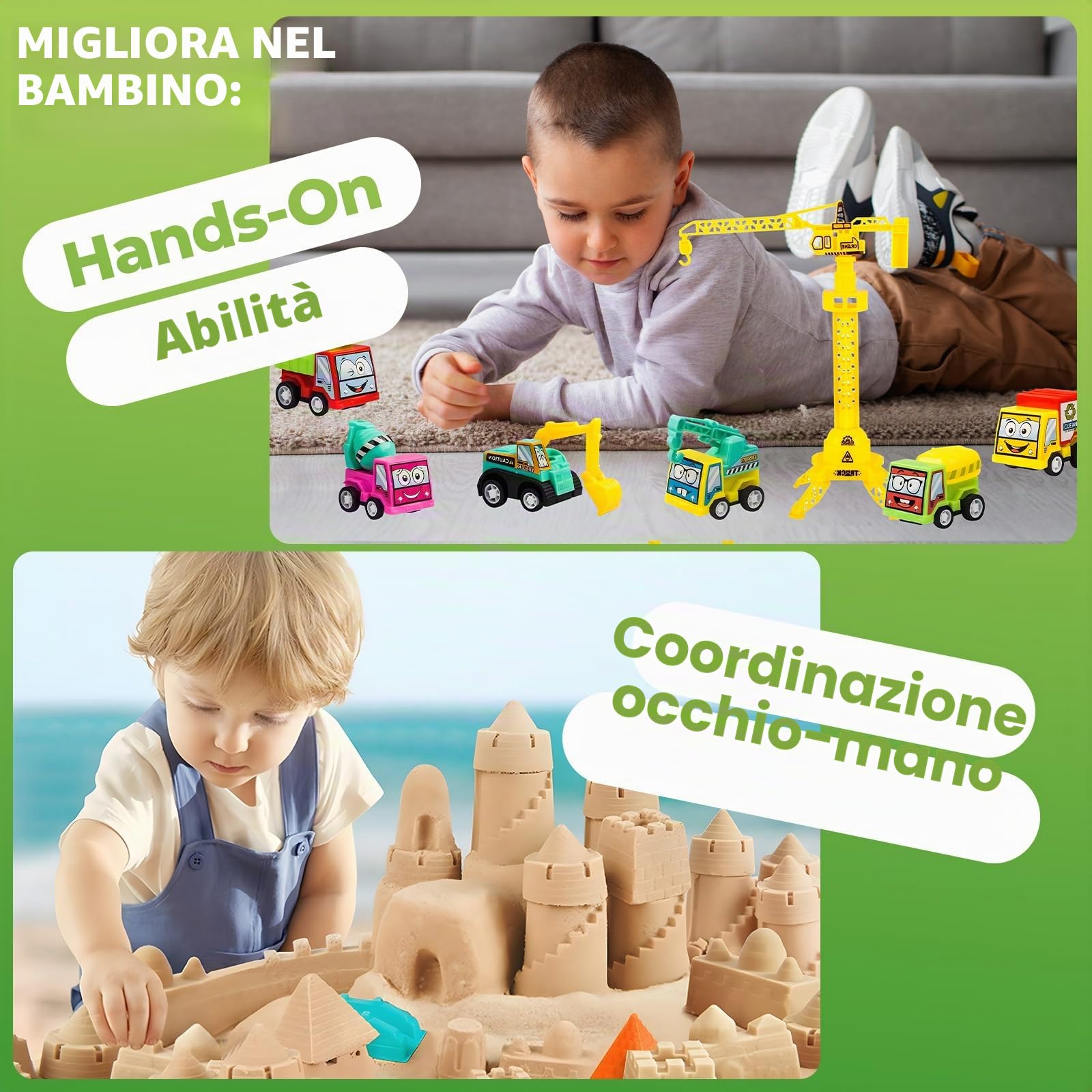 TEBOKHAD Sabbia Cinetica per Bambini Veicoli Di Ingegneria, Kit Di Sand Con 1 Kg Sabbia Magica, Pieghevole Sabbiera Veicolo Giocattolo, Sabbia Cinetica Bambini per Ragazzi E Ragazze Oltre I 3 Anni