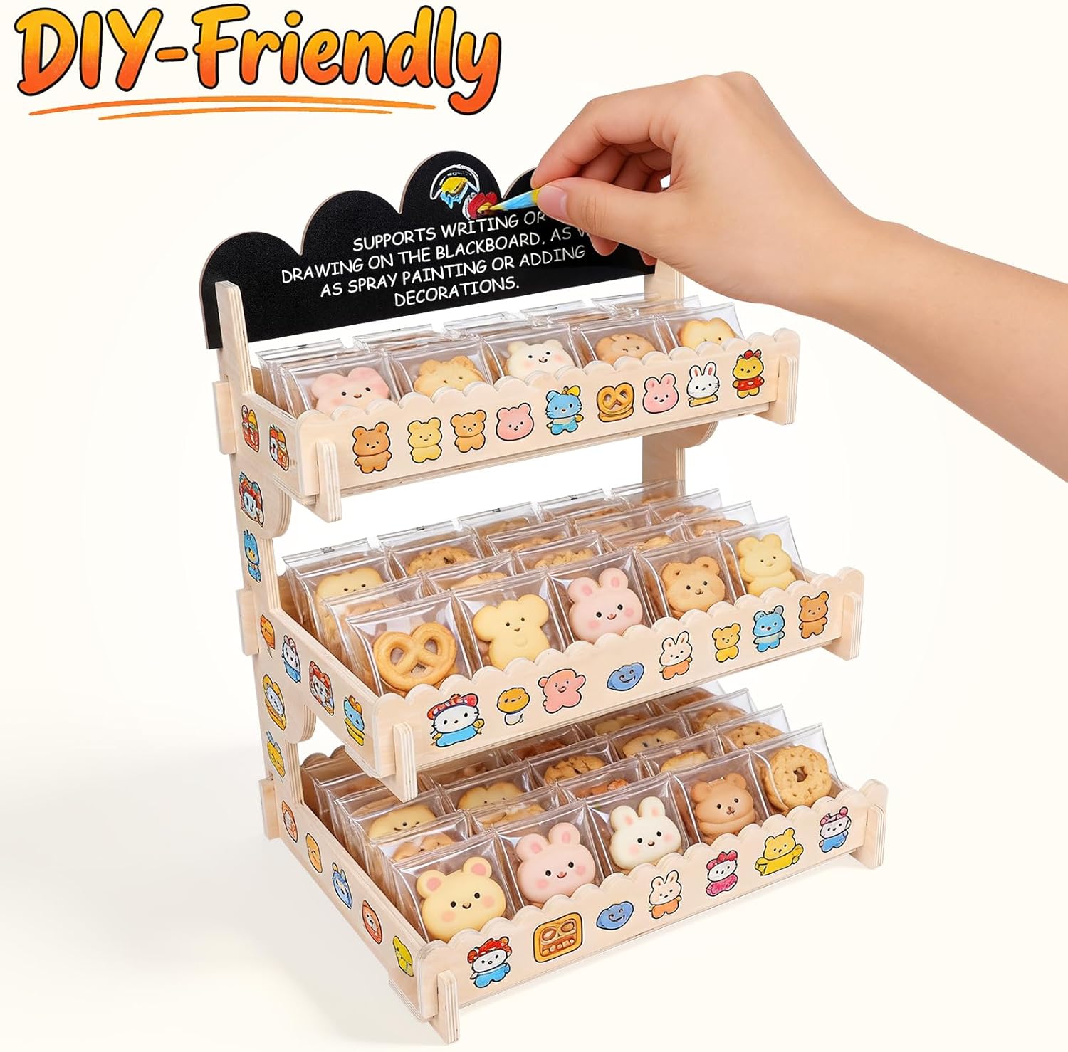HOOMESUN [Upgraded Display Space] Cookie Display Stand - More Room & Chalkboard Sign | Wooden Tiered Stand for Bakers, Vendors at Markets & Fairs | Holds More Cookies, Cupcakes, Muffins, Pastries