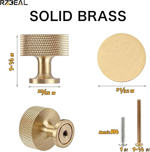 Miniatura 2 de RZDEAL 2 pomos de latón macizo para gabinetes, cajones y aparadores, pomos dorados modernos moleteados (1 x 1 pulgada x 0.984 in), acabado de latón