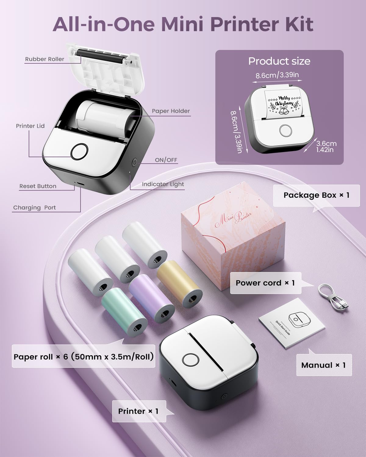 Mini Stampante Portatile, T02 Termo Stampante Mini Bluetooth per Telefono | Stampante Termica Portatile con 6 Rotolo di Carta, Mini Printer per Foto, Appunti, Diari, DIY, Memo, Regalo (Nero)