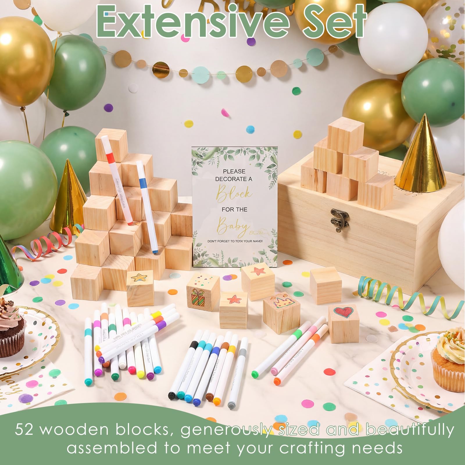 Zestaw 78 sztuk klocków na baby shower, do malowania baby shower, zabawy z długopisami, drewnianymi klockami, tabliczkami i drewnianymi pudełkami, na baby shower i imprezy dla płci (kolor naturalnego