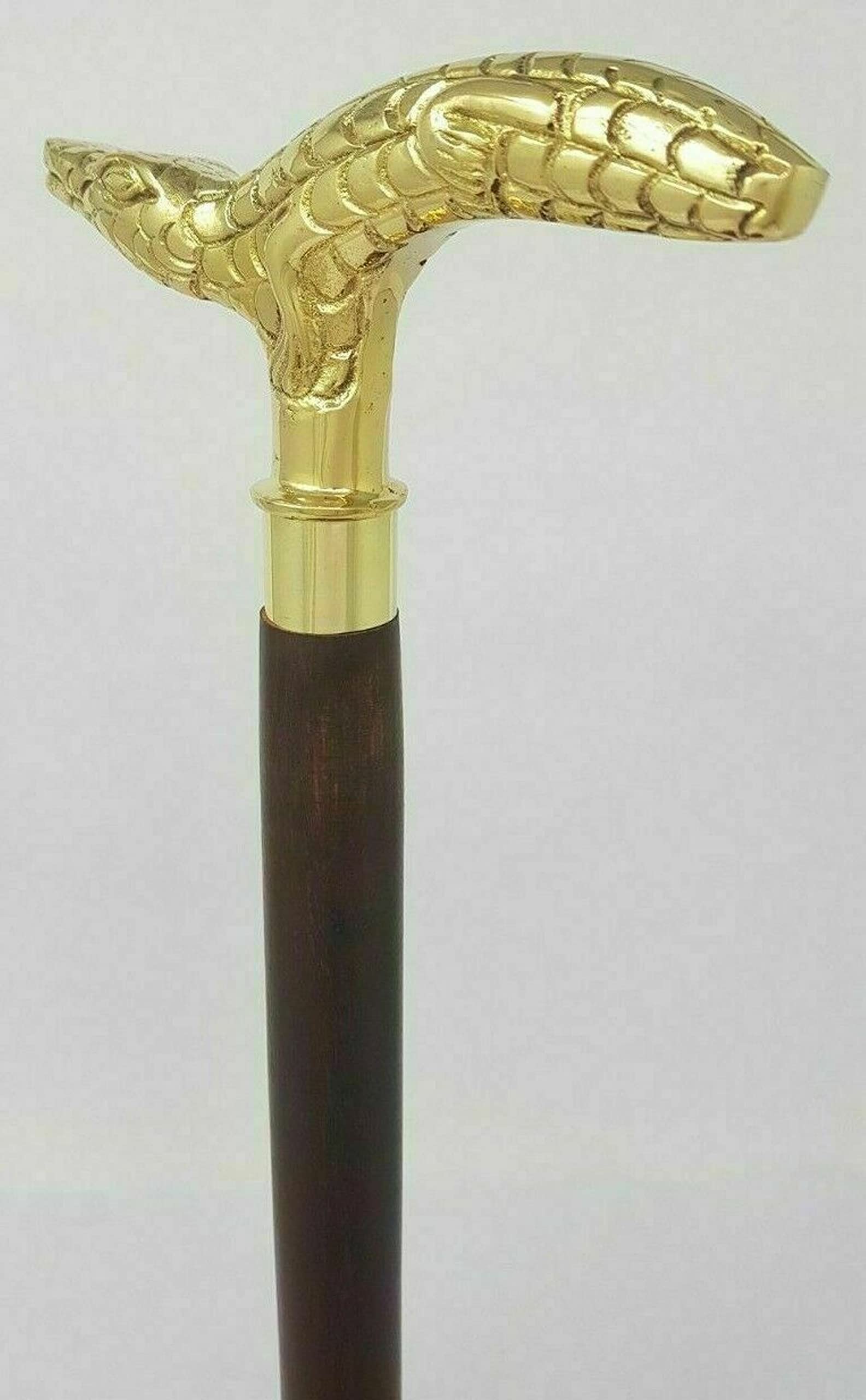 Bastone da passeggio in legno antico con manico in ottone coccodrillo, da passeggio in stile vintage, articolo regalo