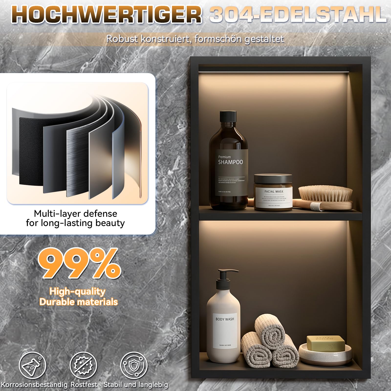 Doccia da parete, 60 x 30 cm, in acciaio inox 304, con illuminazione a LED e trasformatore, doppio strato, mensola singola per bagno e decorazione