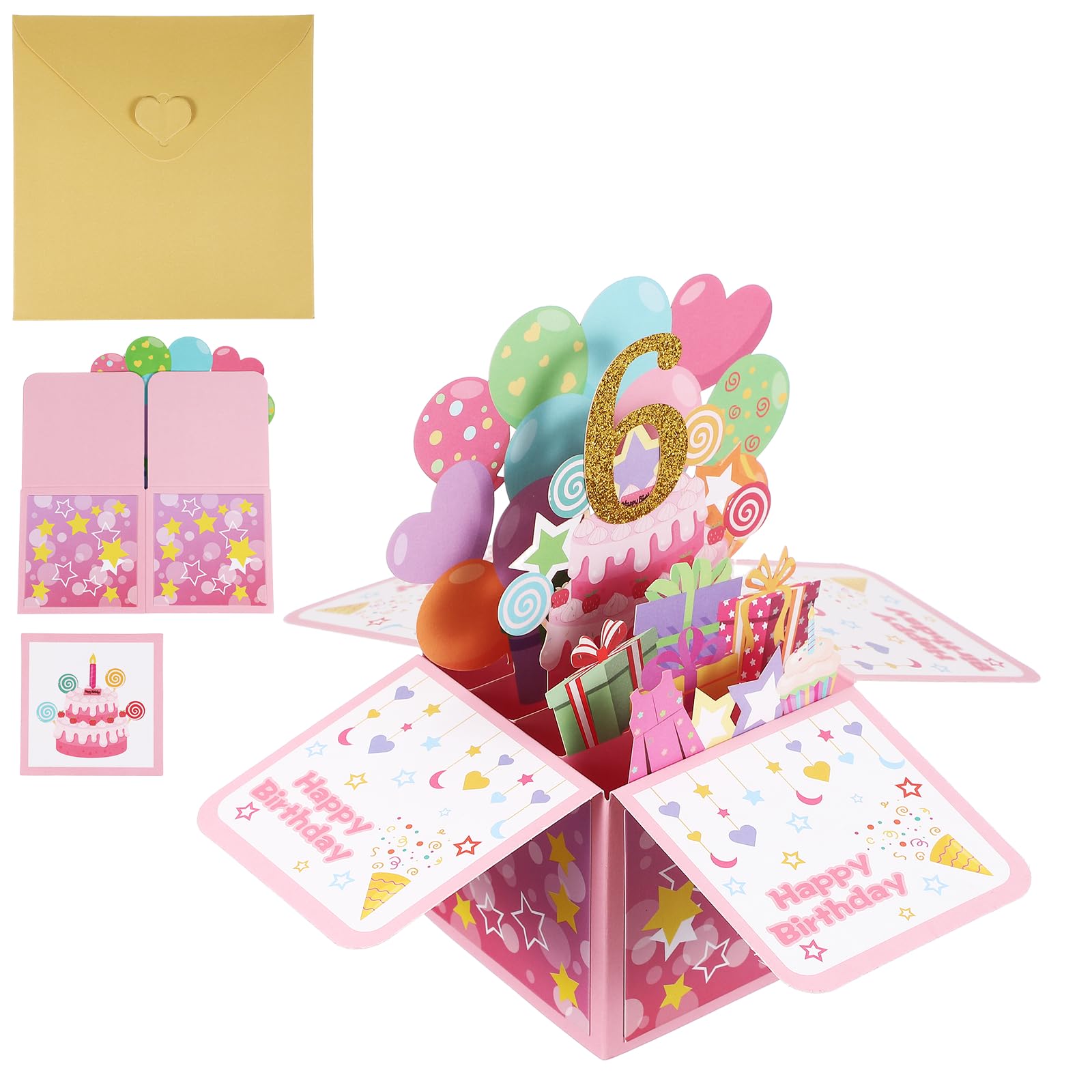 YOKIVE 6th Birthday Card, 6 Years Old Funny Birthday Card Happy Sweet with Greeting Card and Envelope 3D Open for Men Woman Gift Friends Party, Style 1 & Gold Pink