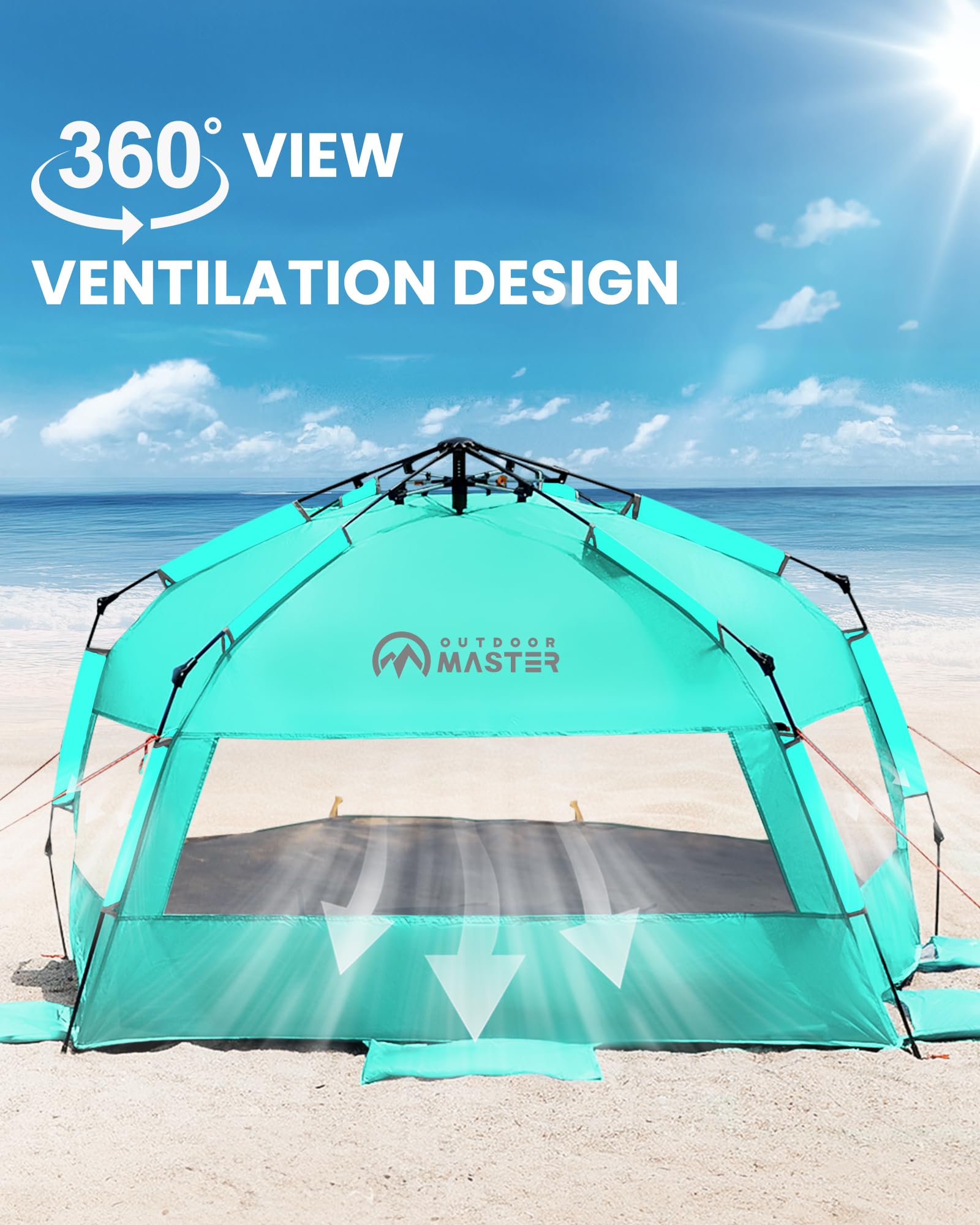OutdoorMaster Tente de Plage avec Technologie d'abri Sombre, Pare-Soleil Portable pour 4 à 6 Personnes avec Protection UV UPF 50+, Installation Facile, Taille familiale