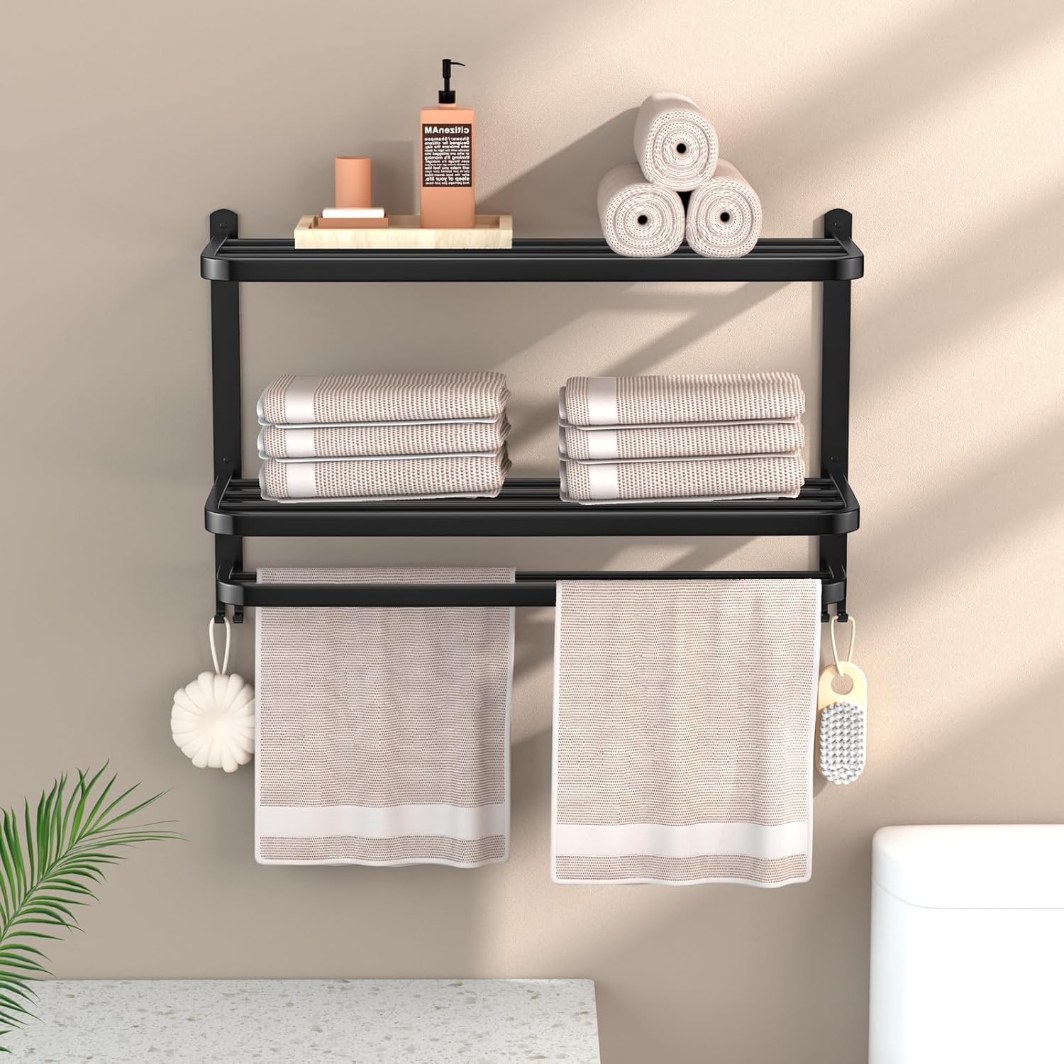 DDS-DUDES 23 Inch 3-Tier Black Towel Racks for Bathroom with Towel Bars Multilayer Hotel Towel Shelf Stainless Steel Wall-Mounted Matte Finished Holder with Towel Shelves