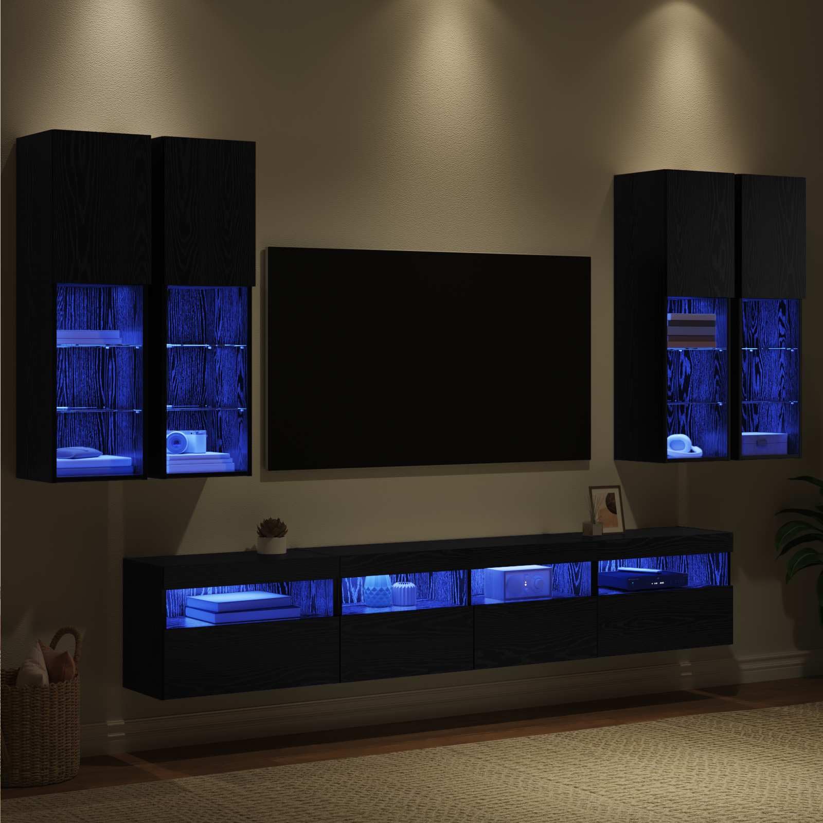 Juego de 7 armarios para TV con luces LED, aspecto de roble negro, 100 x 30 x 40 cm, diseño moderno para sala de estar, dormitorio