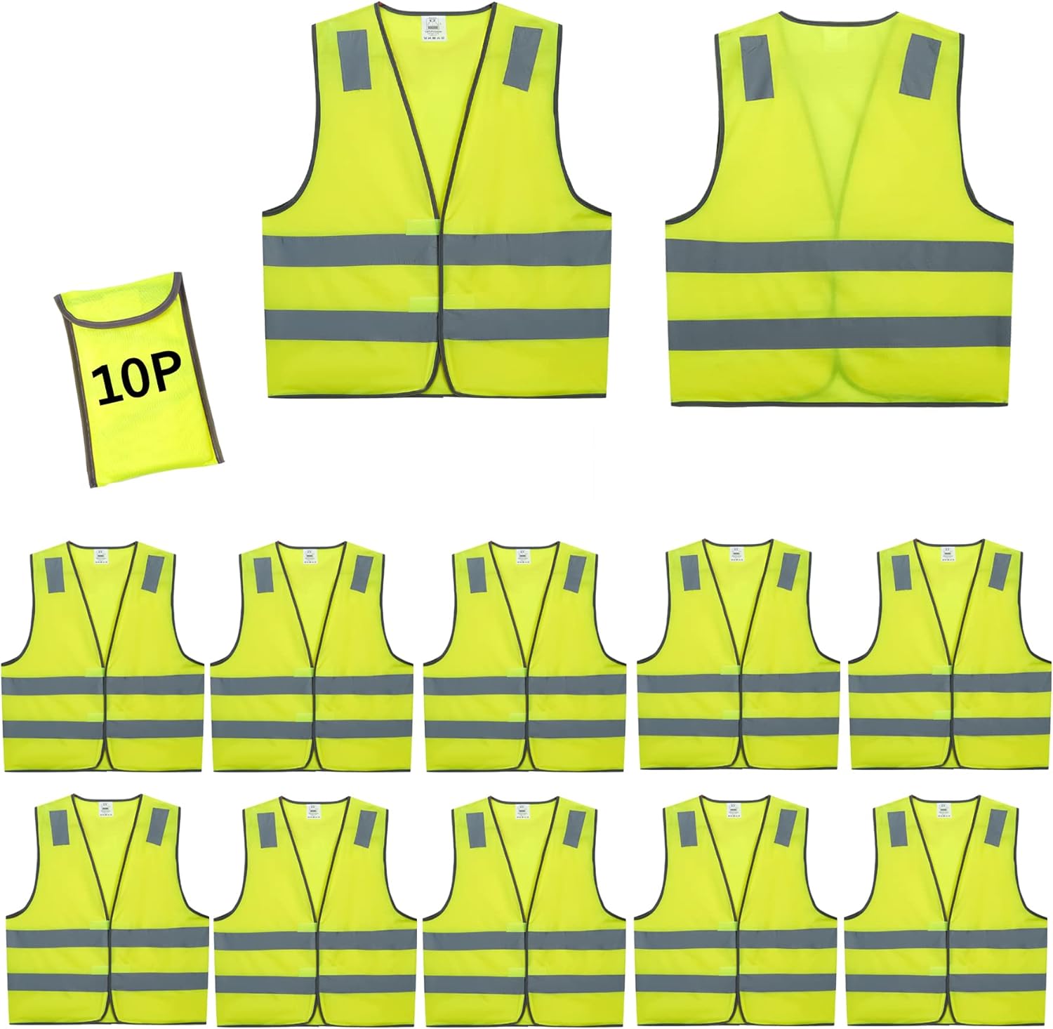 Safety Vests 10 Pack – Yellow Reflective High Visibility Construction ANSI Class 2 Work Vest for Men,Woman,Hi Vis Vest Mesh and Neon Silver Strip
