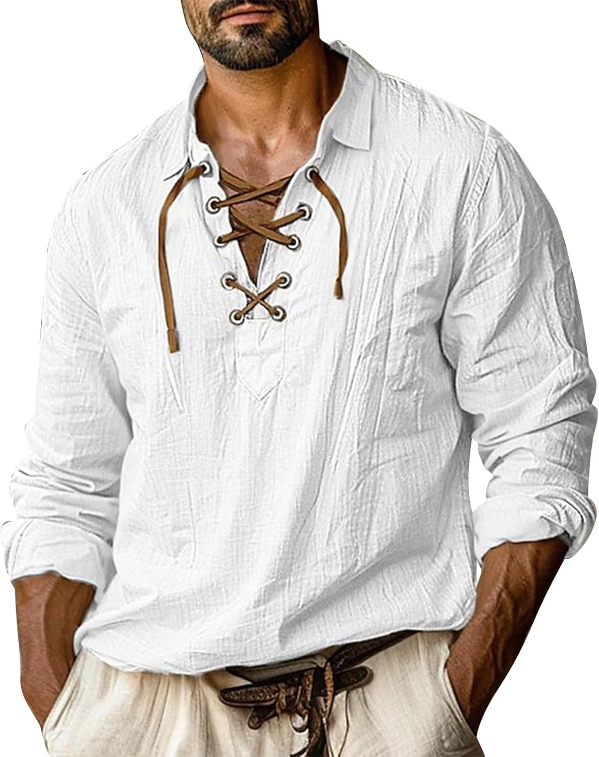 Men's Long Sleeve Medieval Shirt Renaissance Costume for Halloween Viking Pirate Holiday Shirts, S-3XL
