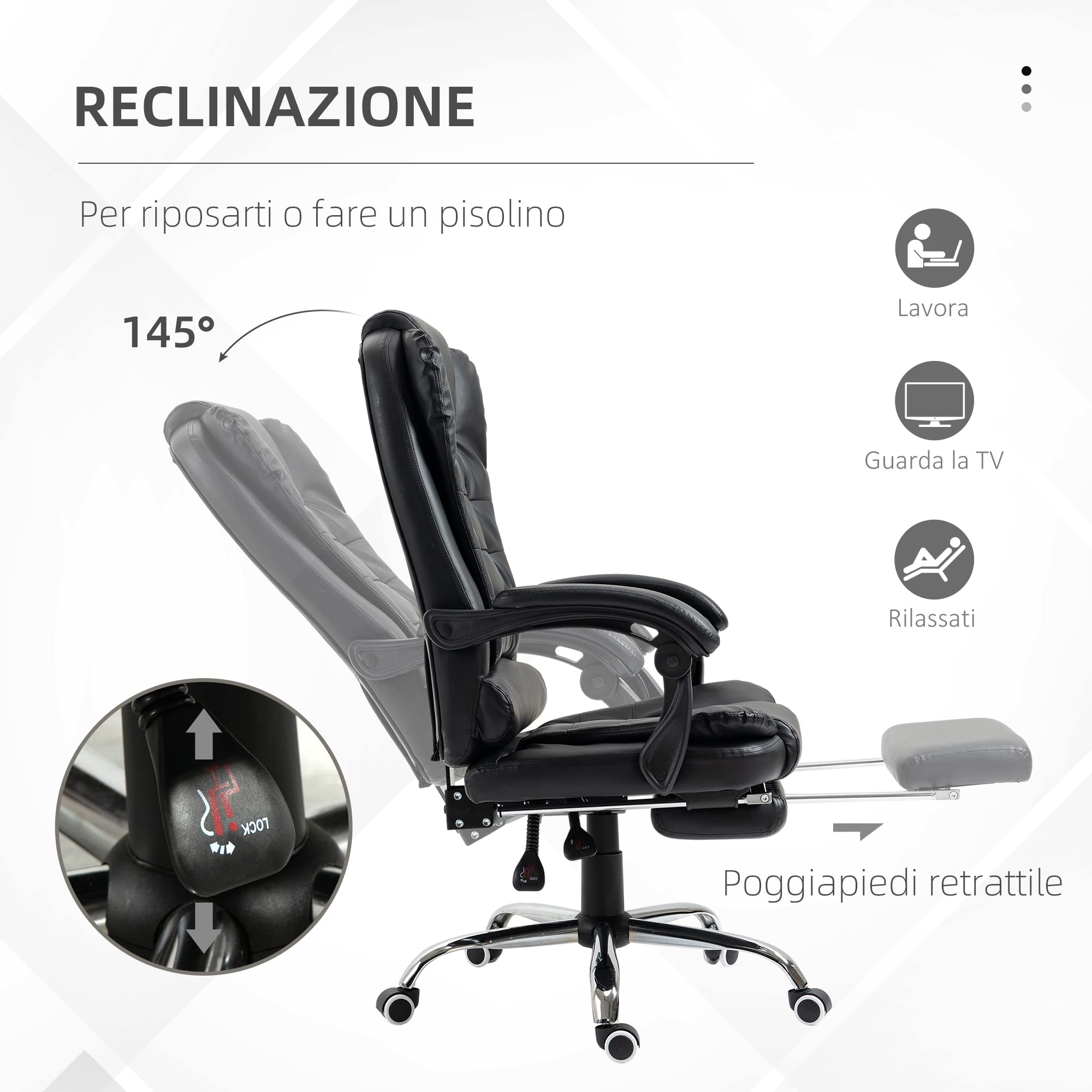 HOMCOM Sedia da Ufficio Ergonomica Presidenziale in Pelle PU con Supporto Lombare, Poltrona da Ufficio Girevole con Schienale Alto Reclinabile 145°, Altezza Regolabile e Poggiapiedi Estraibile, Nero