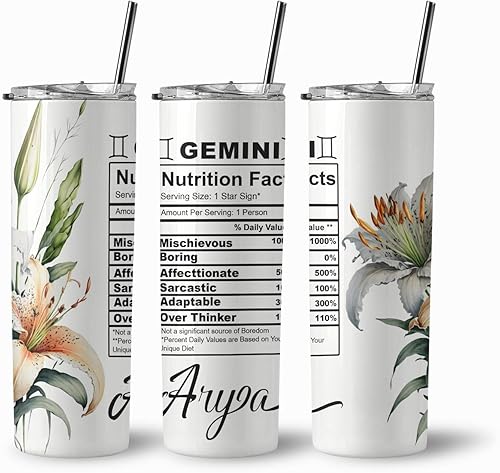 Vaso delgado de acero inoxidable con texto en inglés Géminis Nutrition Facts Zodiac Sign (datos nutricionales), vaso de flores del mes de