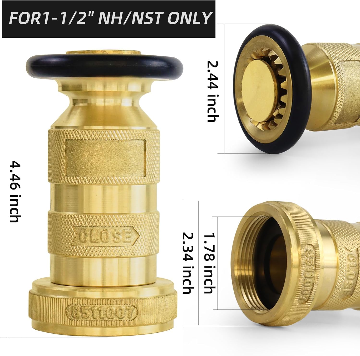 Fire Hose Nozzle 1-1/2" NH/NST Fire Fighter Hose Nozzle 100 psi 75 gpm Brass Fire Equipment Spray Jet Fog,Heavy-Duty Industrial Brass Fire Equipment Water Hose Nozzle
