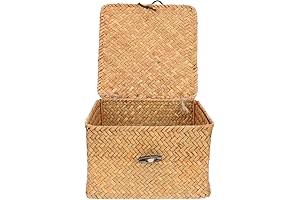 Lidded Woven Seagrass and Rattan Napkin Holder Basket 