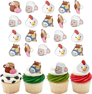 Fisher-Price Little People Farm Animal Friends Rings | 24 Cow, Horse, Sheep, Chicken Cupcake Toppers | DecoPac Farmyard Animal Cake Decorations, Food Safe & Ready To Use - 24 Pack