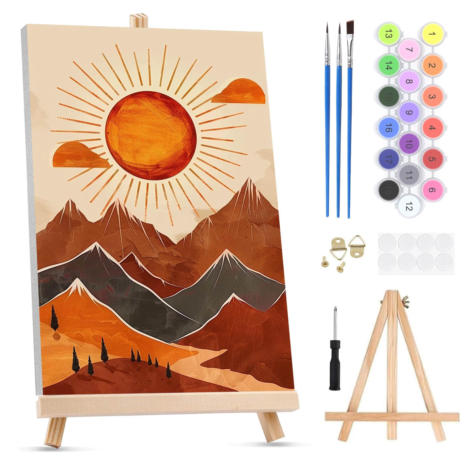 QENSPE Paint by Numbers for Adults on Framed Canvas - with Wooden Easel, Mountain Painting by Number Kit for Beginners, DIY Sun Acrylic Oil Painting for Home Wall Decor 8x12 Inch