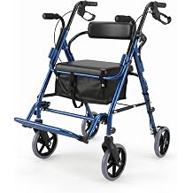 2-in-1 Rollator Walker for Seniors with Seat for All-Terrain Transport Use | Rolling Walker Transport Chair Combo with 8 Wheels, 350 LBS Foldable Walking Aid with Storage Bag, Adjustable Handles, Blue
