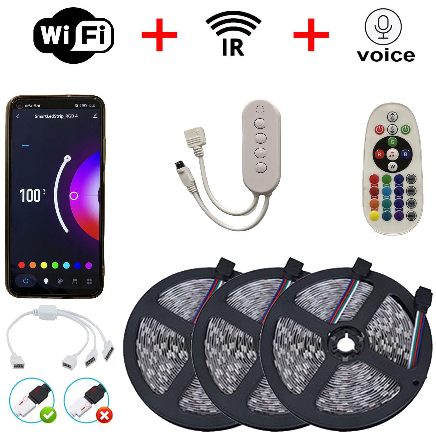 15m (3x 5m) Striscia LED RGB dimmerabile, WIFI controllata con alimentatore 12V + telecomando IR, 5050 SMD 450 LEDs (3x 150 LEDs), autoadesiva, IP20, compatibile con APP Tuya
