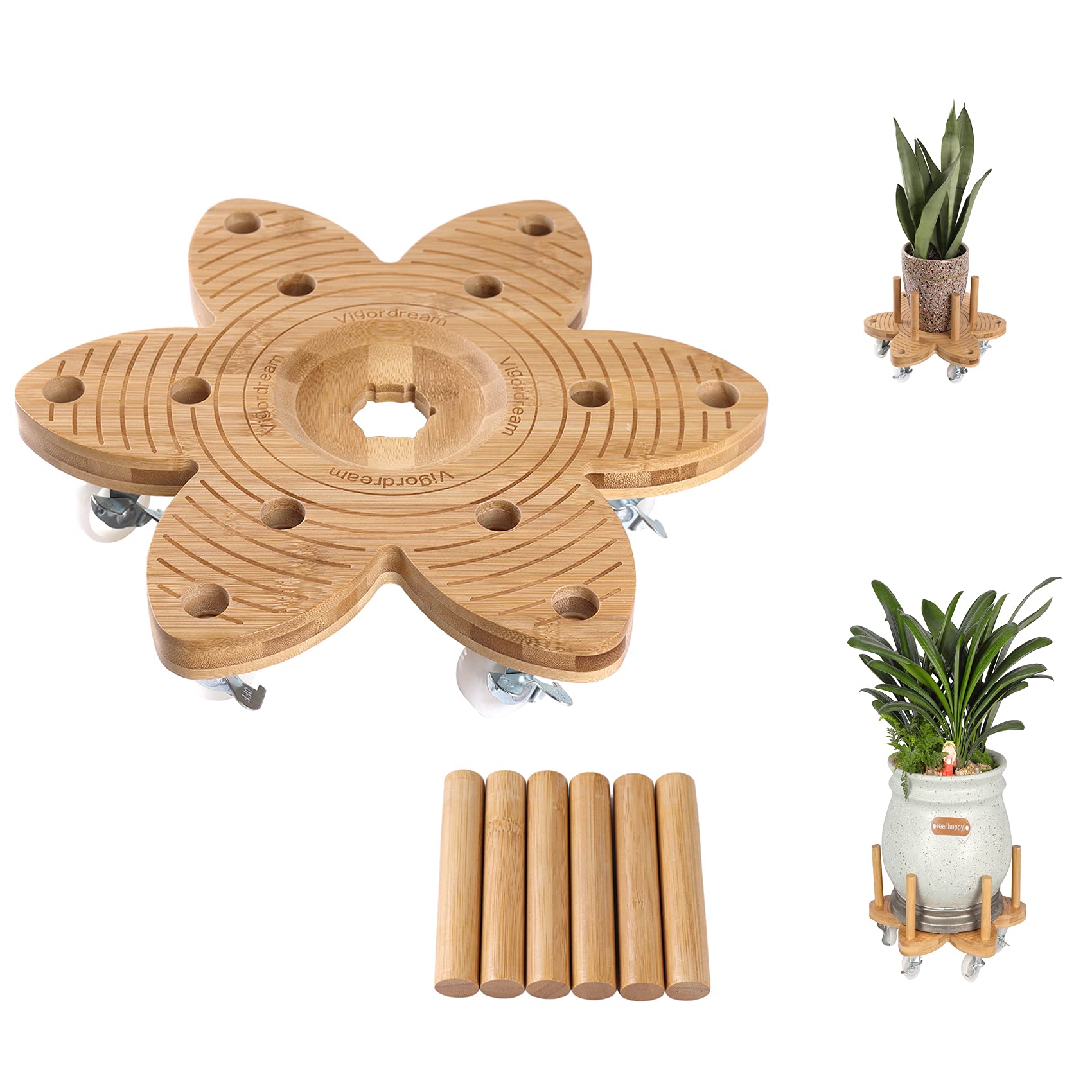 Vigordream Plant Caddy with Wheels 14" Heavy Duty Plant Rollers for Flower Pot, Bamboo Planter Dolly Holder Lockable Casters for Indoor Outdoor