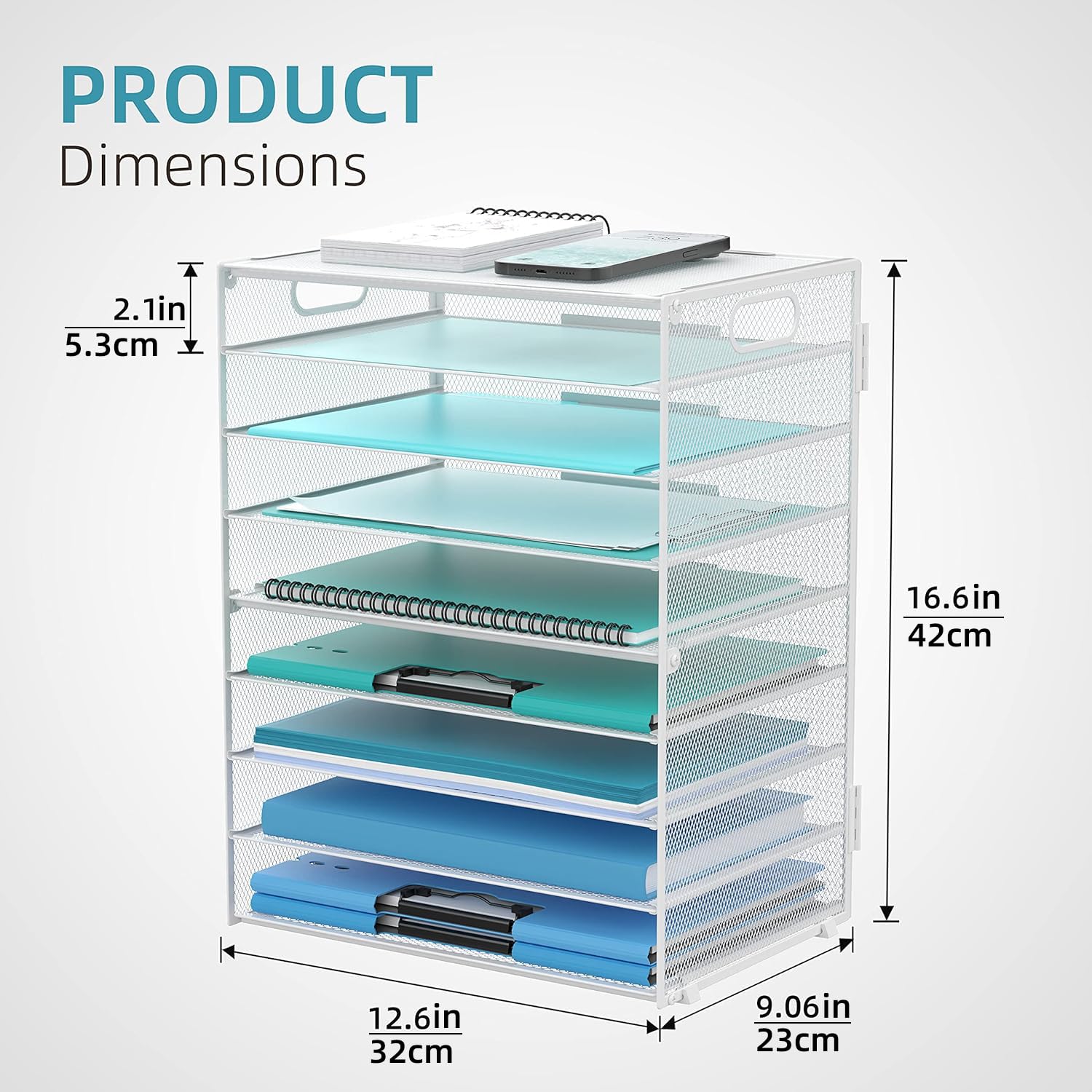9-stöckiges Papier-Briefablage, Schreibtisch-Organizer mit Griffen, Netz-Aktenhalter, Organisation, Papiersortierer, Schreibtisch-Organizer für Büro, Zuhause, Schule, Weiß