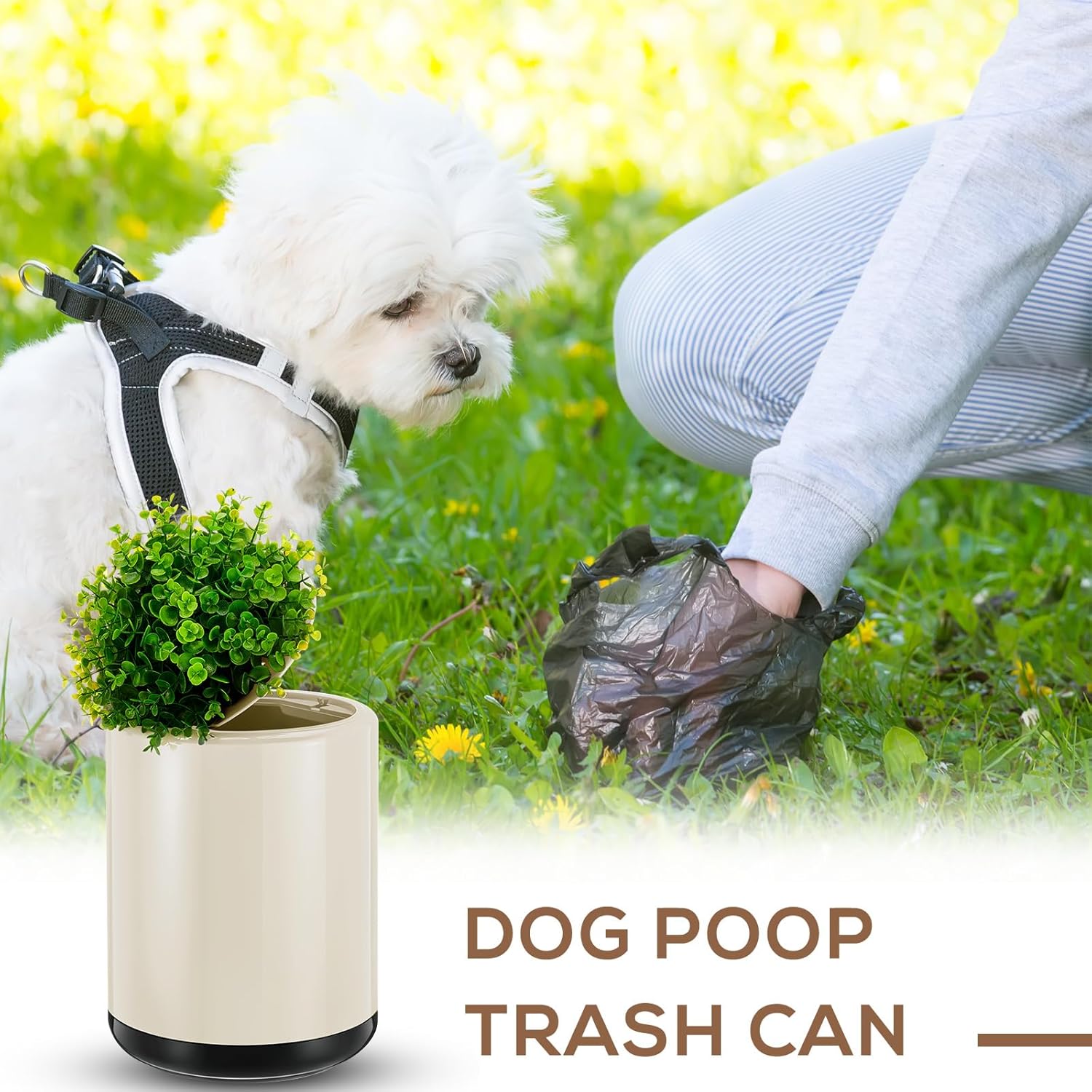 Jingmore Dog Poop Trash Can Outside 13 L/ 3. 4 Gal Dog Waste Trash Can with Lid, Plant-Styled, Double-Layer Design, Outdoor Garbage Container for Front Porch Backyard Office Patio(White)