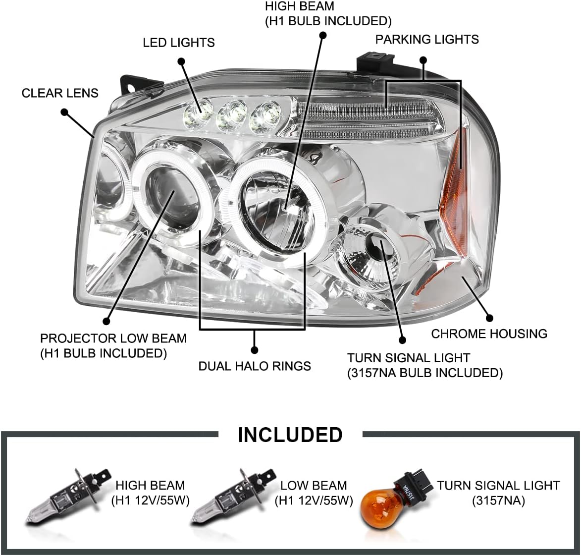 SPEC-D TUNING LED Chrome Housing Clear Lens Projector Headlights Halo Compatible with 2001-2004 Nissan Frontier, Left + Right Pair Headlamps Assembly