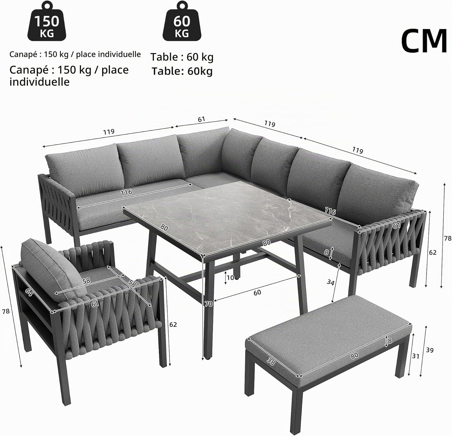Ensemble Salon de Jardin Extérieur 6-10 Places avec Table en Verre Trempé, Salon Jardin Exterieur Canapé d'angle Moderne en Métal Galvanisé et Coussins, Gris Anthracite