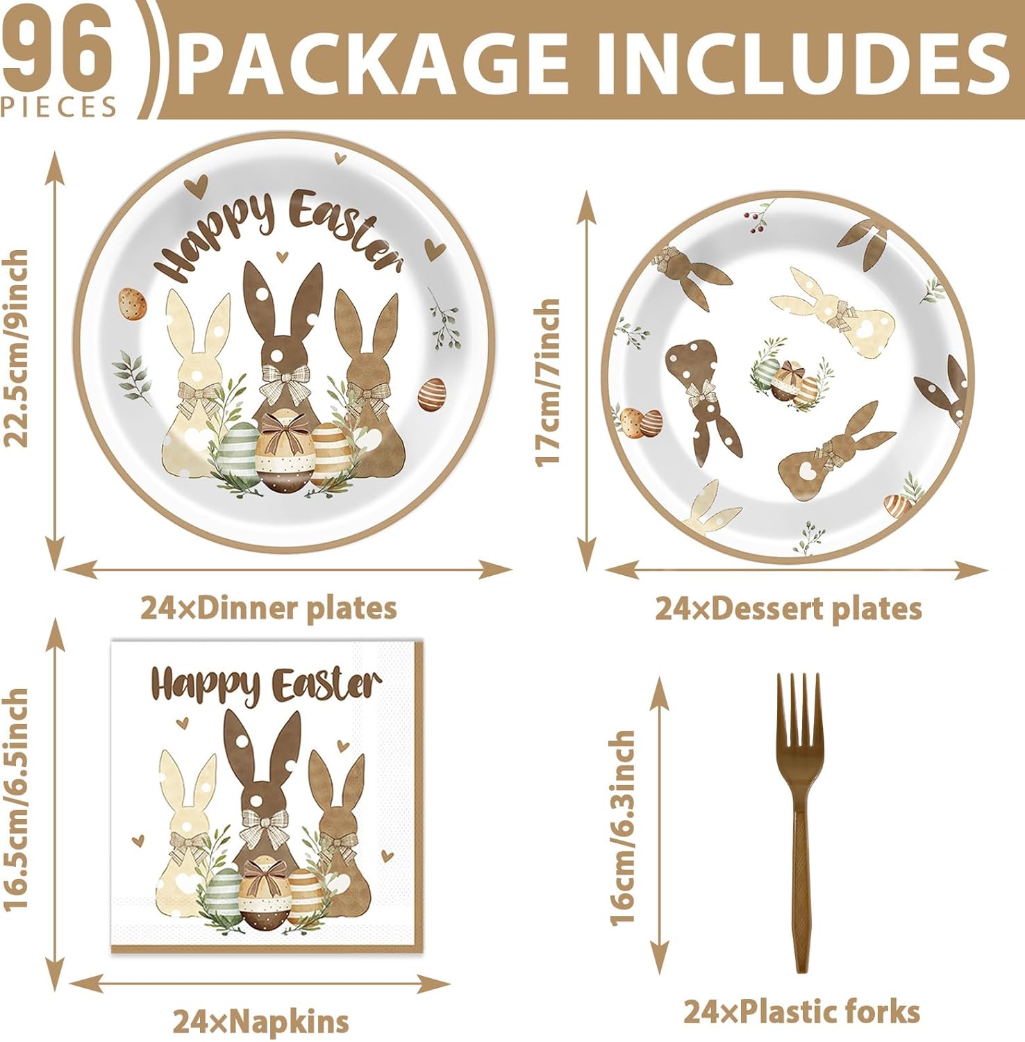 Justforjoyful 96PCS Easter Paper Plates and Napkins Happy Easter Party Supplies Easter Bunny Eggs Disposable Tableware Set for Spring Birthday Easter Holiday Baby Shower Party Decorations Favor