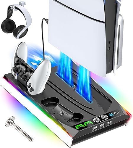 Soporte PS5 para PS5 Slim DiscPS5 Disc & Digital, estación de enfriamiento de 3 niveles y LED RGB con cargador controlador para PS5 y controlador de