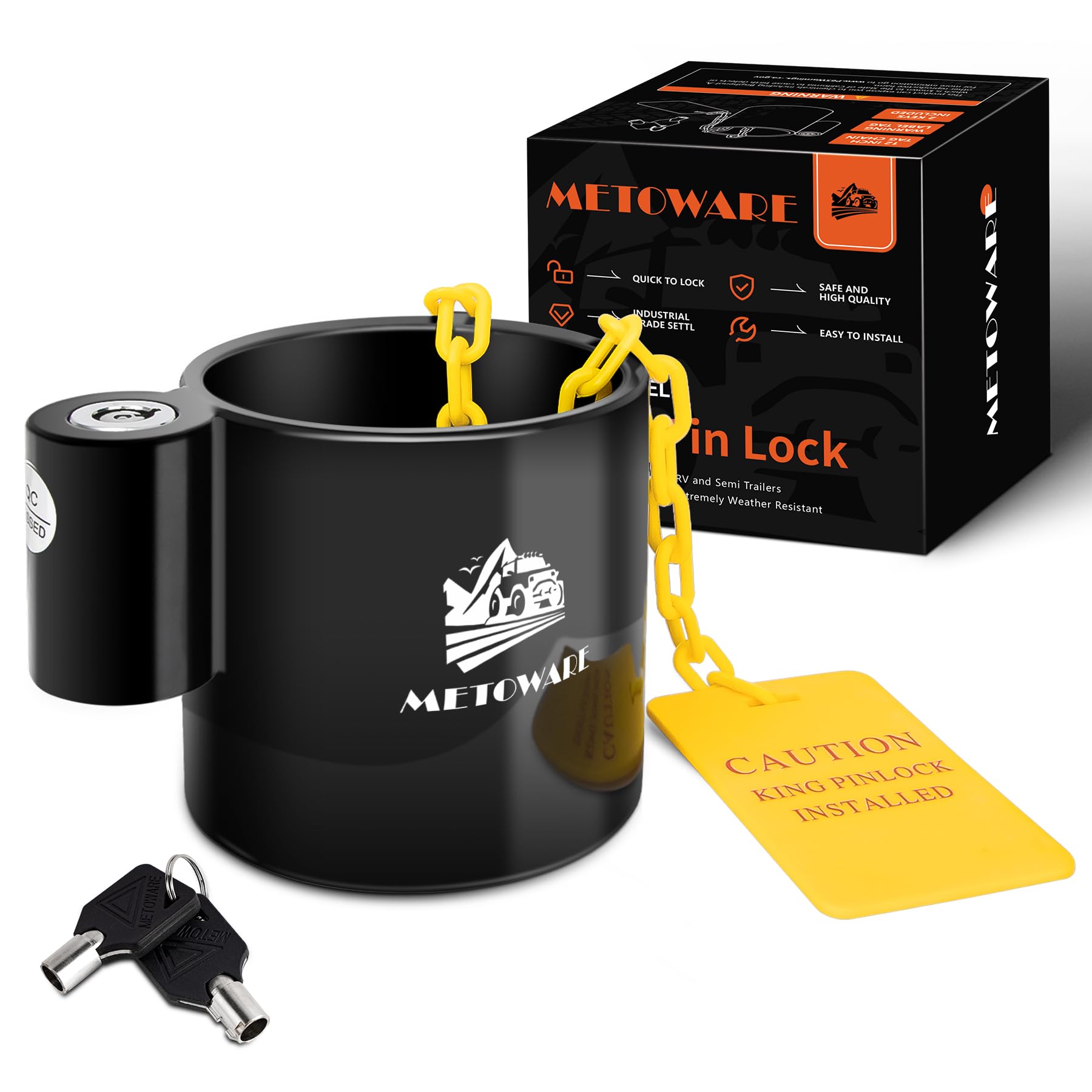 METOWARE 5th Wheel King Pin Lock with Warning Tag for 5th Wheel, RVs, Semi Trailers and Campers (Black)