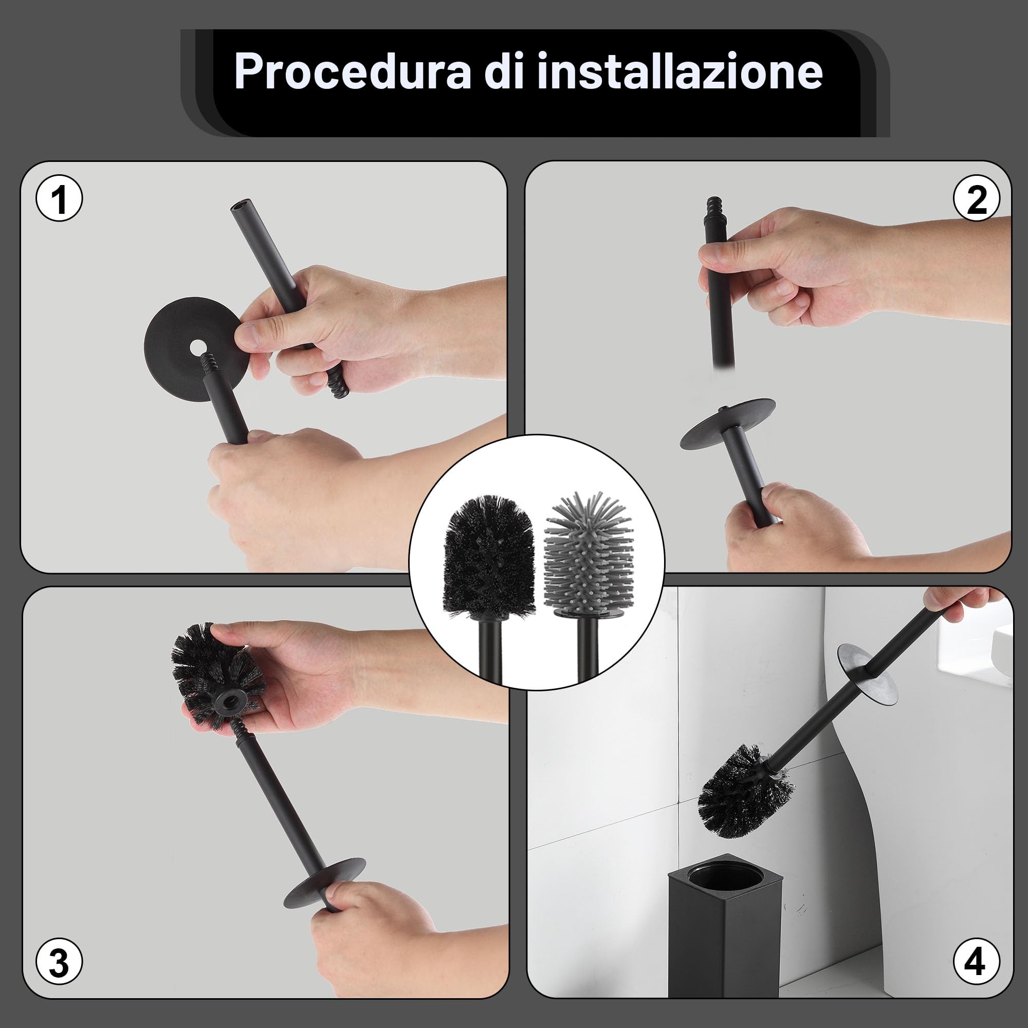 BVL Nero Scopino per WC, Scovolino WC in Silicone Morbido che Include 2 Teste di Spazzola per il Bagno, Scopino in Metallo