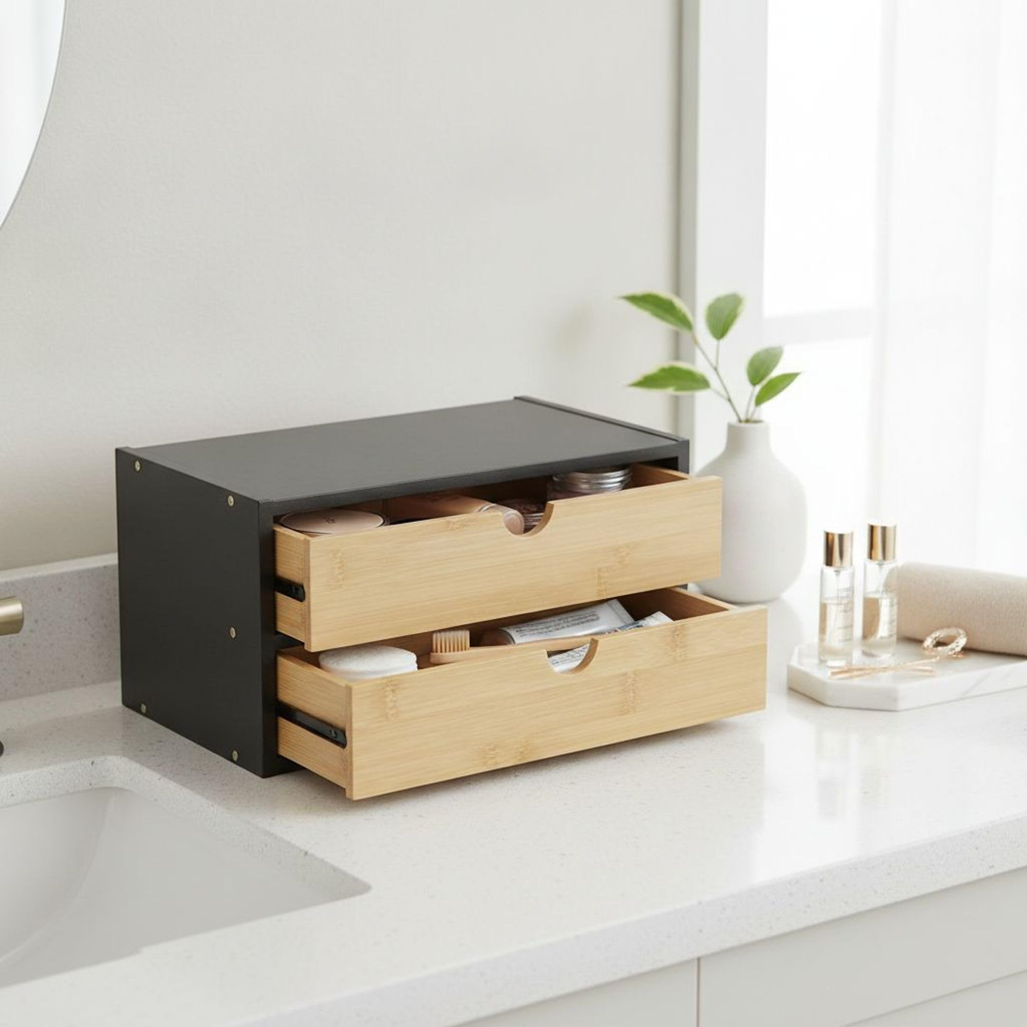 CONFORTIME | Cajonera de Escritorio 2 Cajones de Bambú Negra 30,8x19,7x15,1 cm, Organizador de Cajones y Maquillaje para Oficina, Cajonera de Baño Estrecha, Mueble Auxiliar de Almacenaje