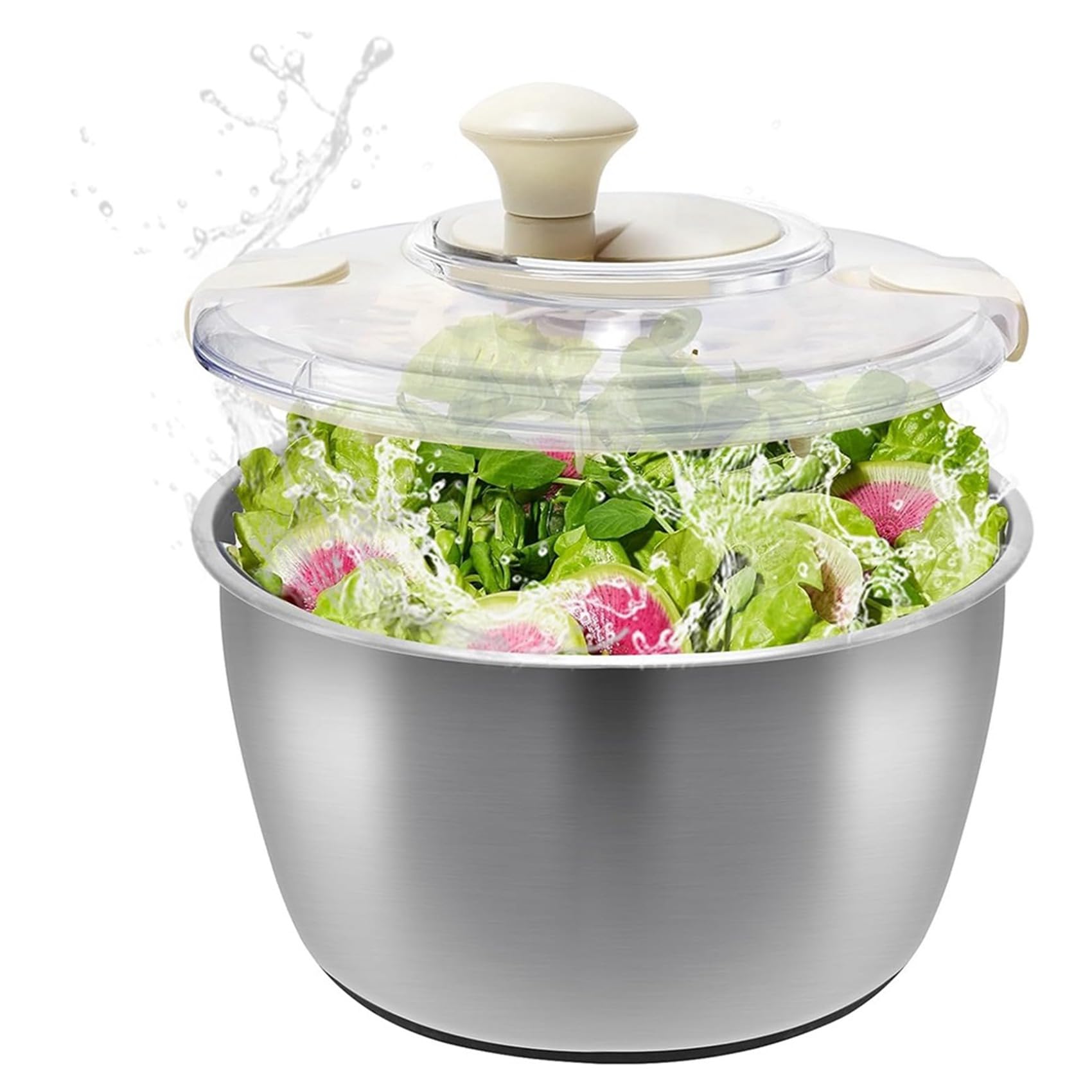 Centrifugadora de Lechuga de Acero Inoxidable con Tapa, Recipiente, Escurridor y Base Antideslizante. Manual Compacto con de Apertura Rápida.