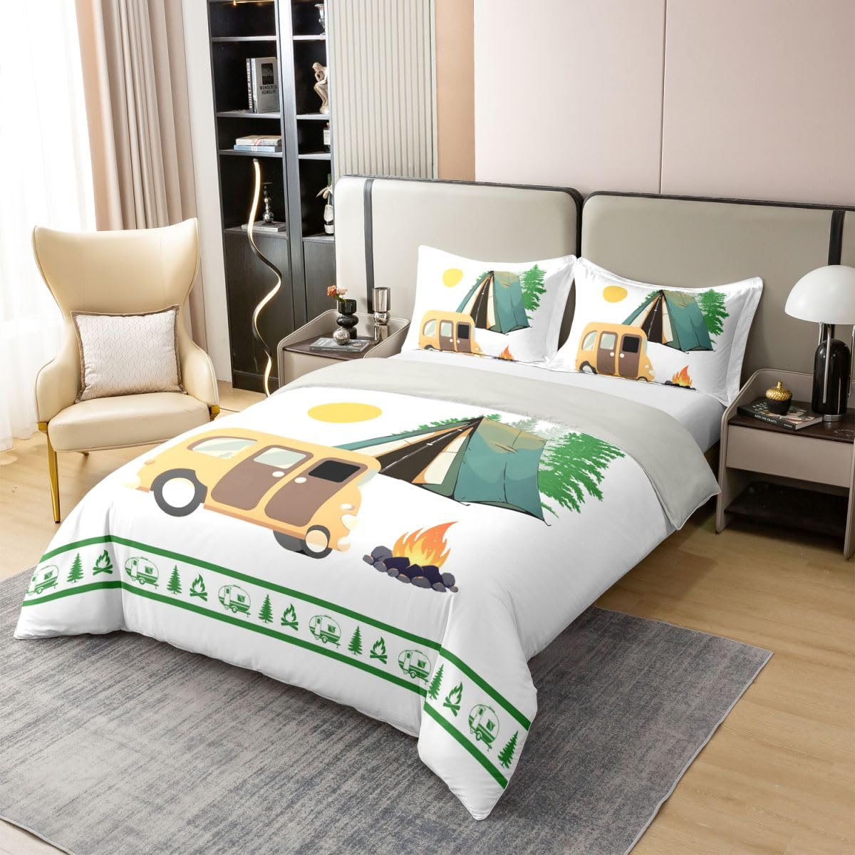 Homewish RV Happy Camping Pościel Pojedynczy Camper Decor Coton Poszewka Na Kołdrę Rustykalny Dom Wiejski Poszewka Na Kołdrę Sosna Ognisko Zestawy Łóżek Zielona Biała