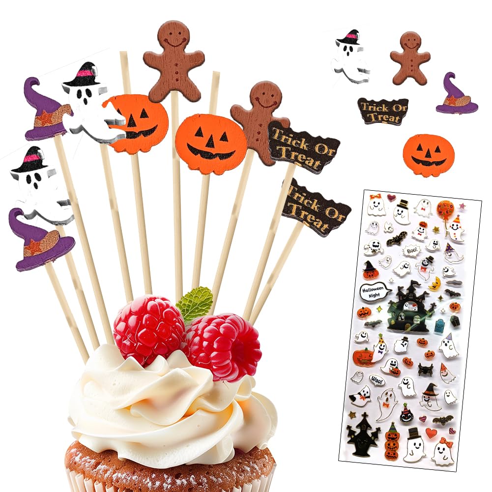 100 pcs Halloween Cocktail Wooden Sticks, With Halloween Glass Stickers, Ghost Spider Pumpkin Finger Food Skewers, Cocktail Sticks for Cake Decoration, Muffin, Toothpicks for Dessert