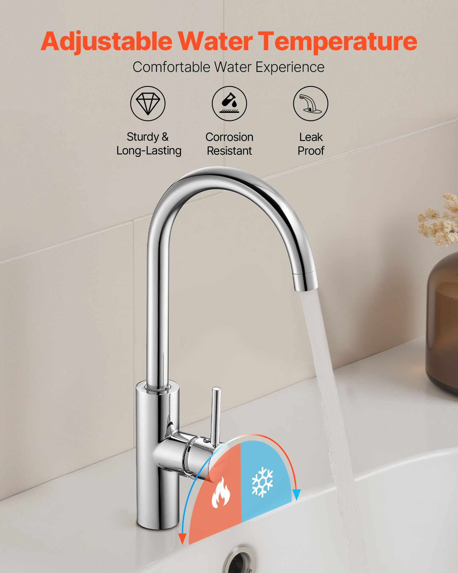 VEVOR Grifo de Lavabo sin Contacto para Baño, Grifo Automático Manual con Sensor para Lavabo e Inodoro, Cuello de Cisne, Cromado Plateado, Resistente a la Corrosión, 104 x 52 x 395 mm, 7,6 L/min