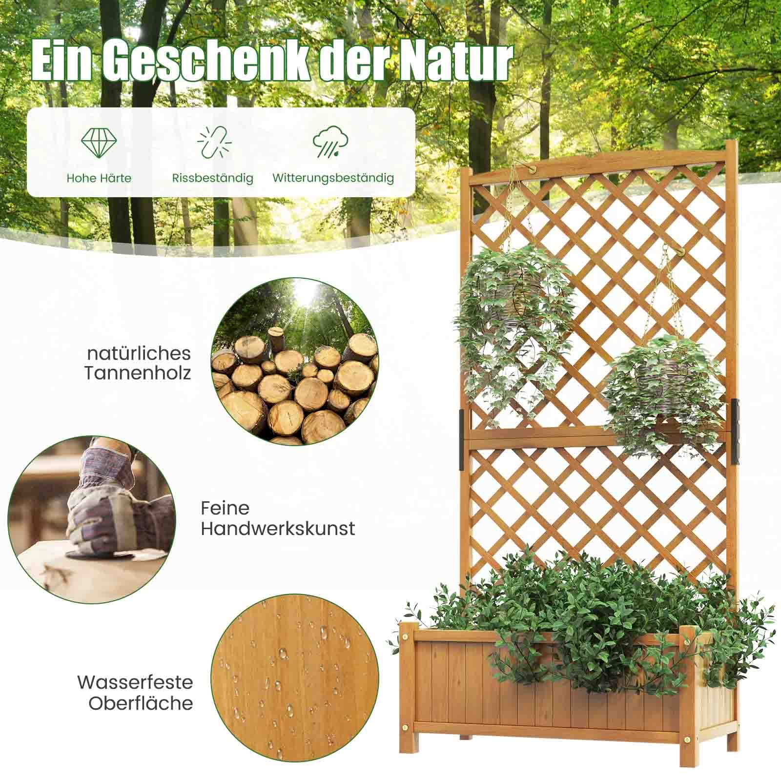 COSTWAY Pergola ze skrzynką na kwiaty z drewna jodłowego, 180 cm, skrzynka na rośliny pnące, podwyższona grządka z kratką dla roślin pnących i otworem drenażowym, donica na kwiaty do ogrodu, na