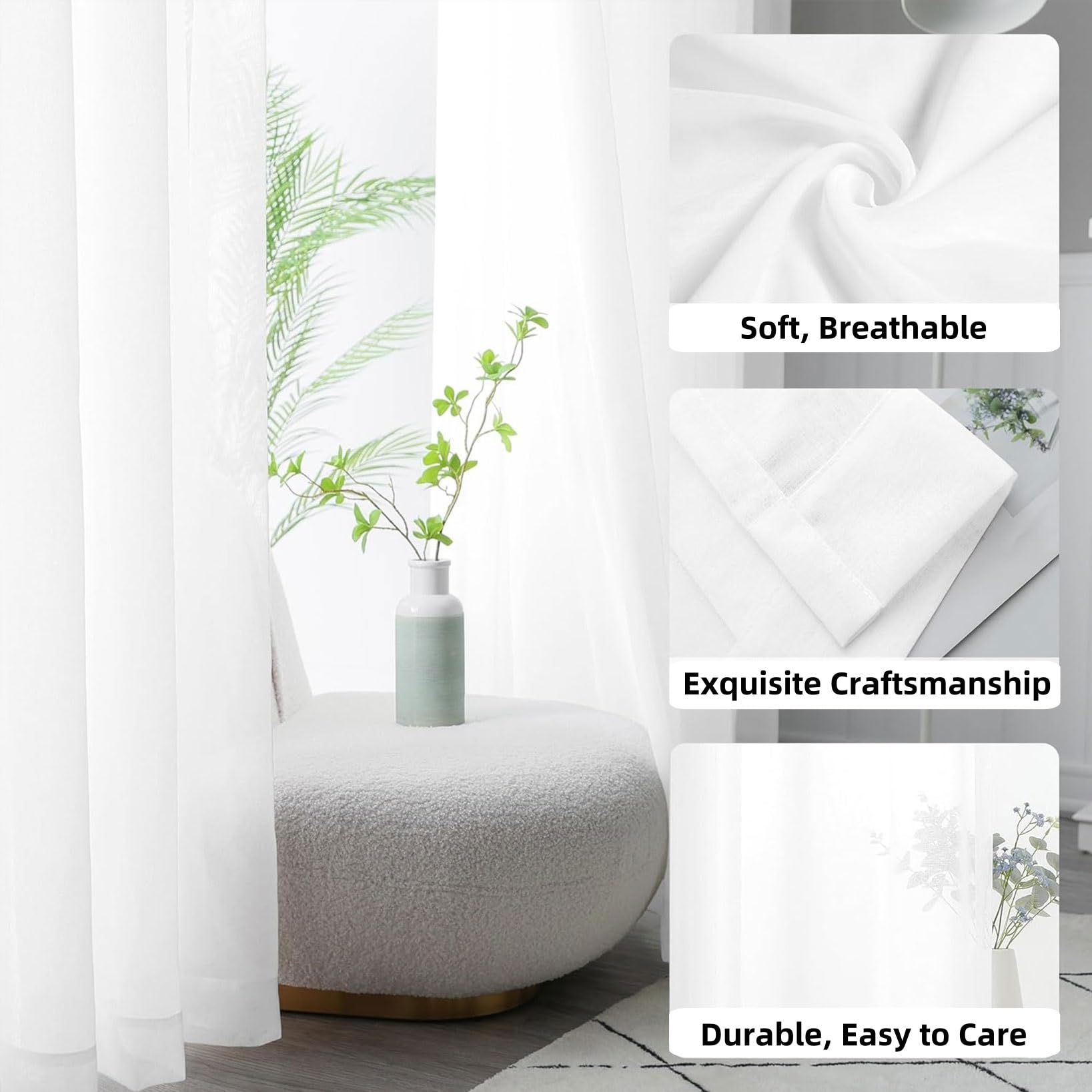 Rideaux Voilages 200 x 240 cm Bloquer Soleil Anti-UV, Doux et Esthétiques Voilage Fenetre Chambre Décoration de Fenetre pour Chambre Adulte Salon, Blanc